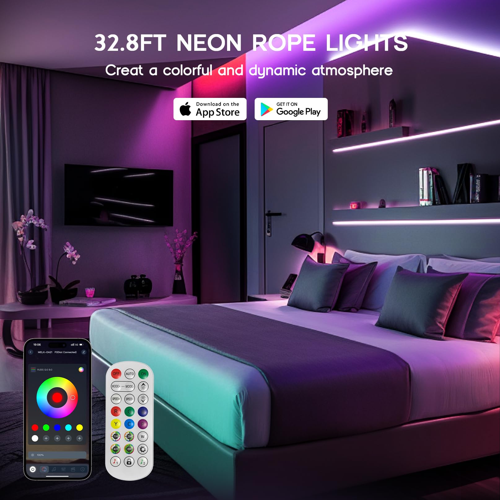VOEWT LED Neon Lights, 32.8FT RGB Rope Lights, App/Remote Control, IP65 Waterproof, Model D661