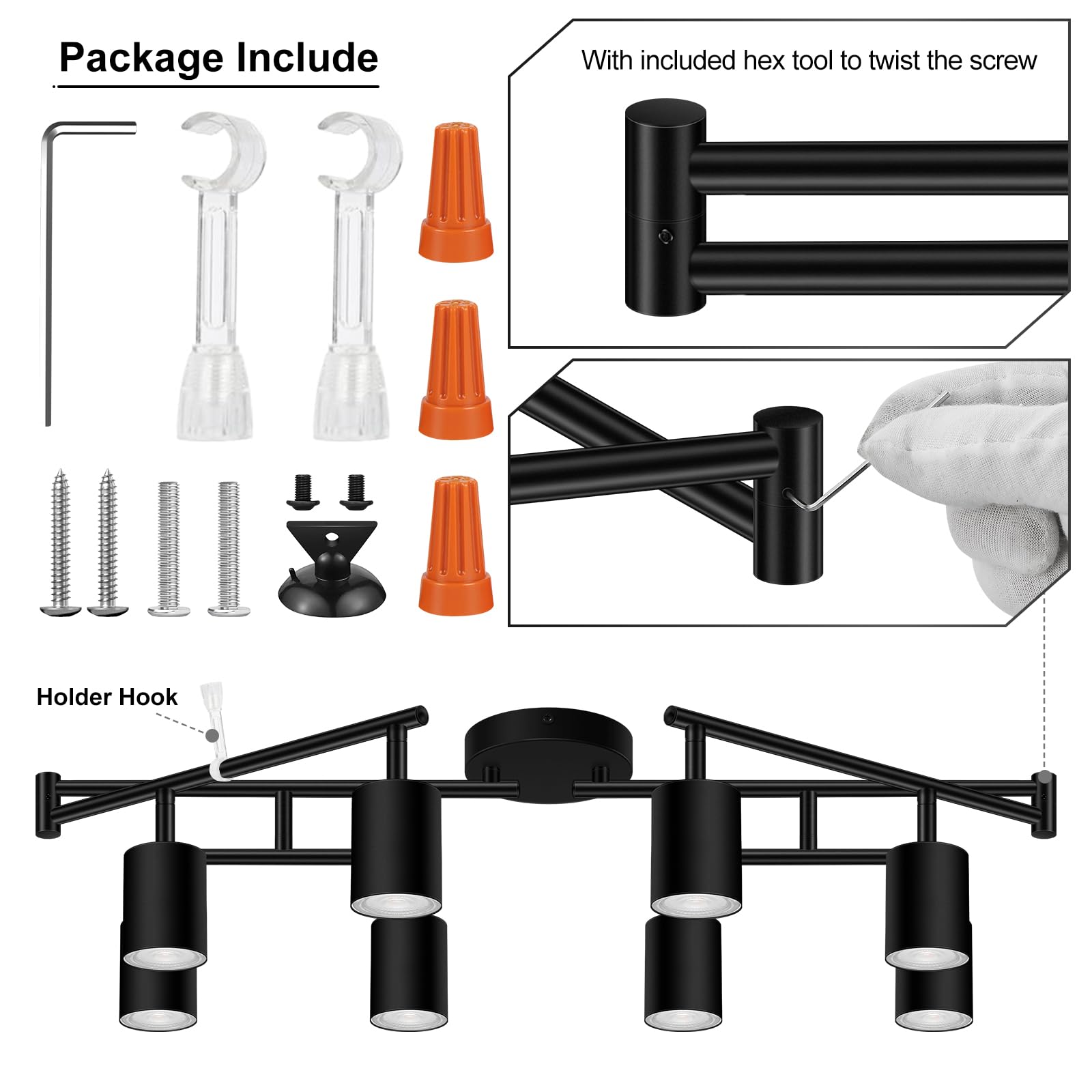 AUQUEE 8 Light Track Lighting Fixtures, Matte Black, Adjustable LED Lights for Kitchen/Hallway, Model AQC0681US, Metal Construction