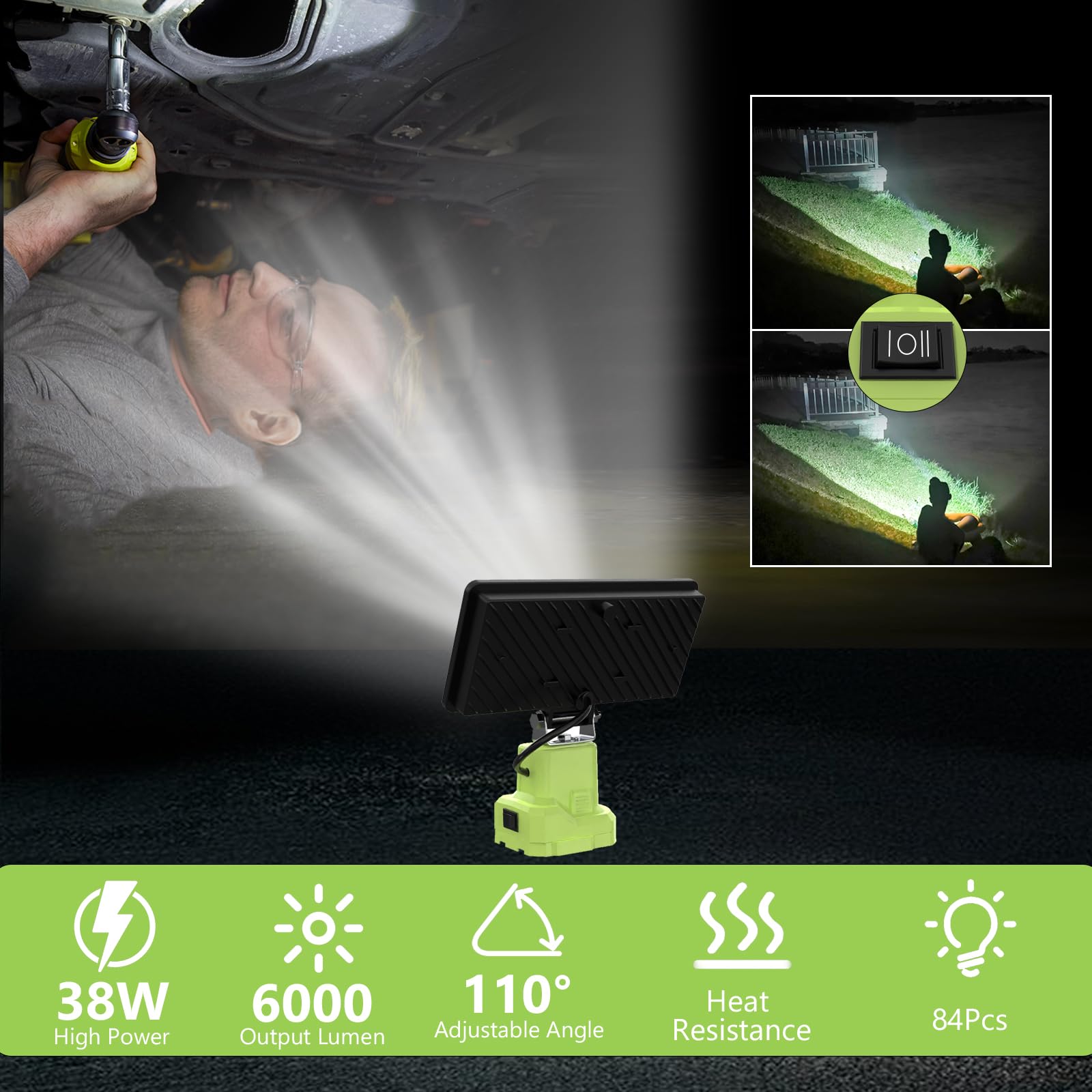 6000 Lm 38W Cordless Led Work Lights Compatible With Ryobi 18V/20V Battery Portable Super Bright Flashlight Led Flood Light With