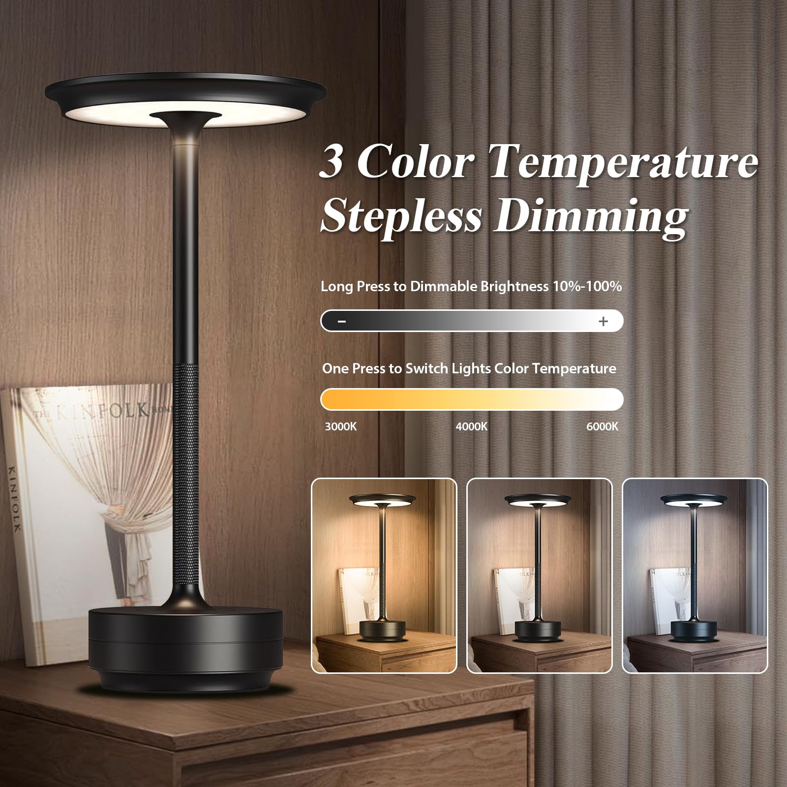 Jdvads Cordless Table Lamps 1 Pack Rechargeable, Portable 5000Mah Battery Table Light,3 Color Stepless Dimming Led Table Light,
