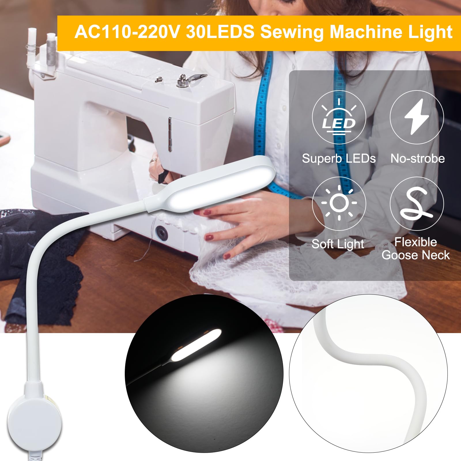 Caallogt Sewing Machine Lamp Dimmable 30Leds Light Fixture Touch Control 3 Brightness Levels Magnetic Base Flexible Bendable Tub