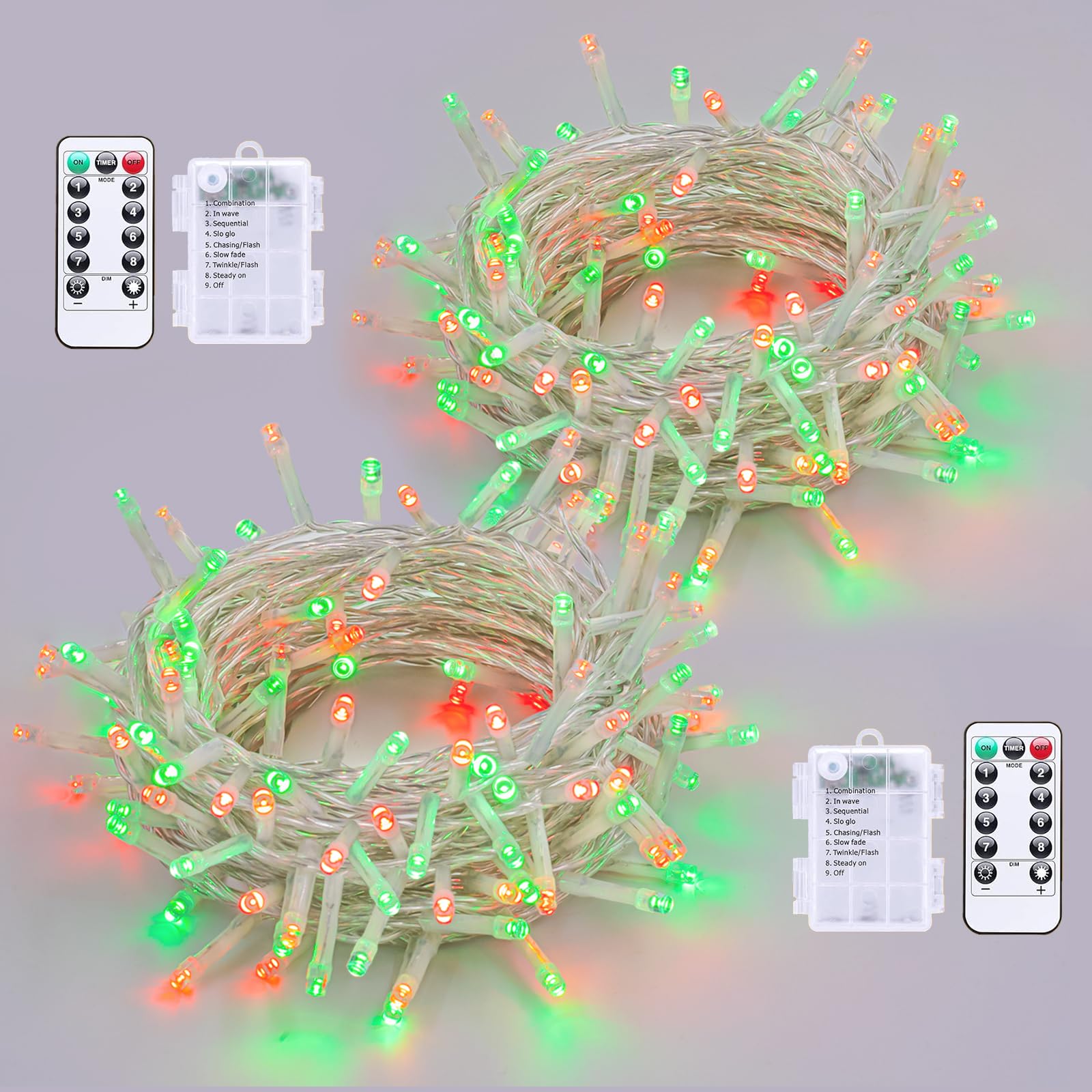 QITONG 2 Pack Battery Operated Christmas Lights, Each 33ft 100 LED String Lights Outdoor Waterproof with Remote, 8 Modes Red and