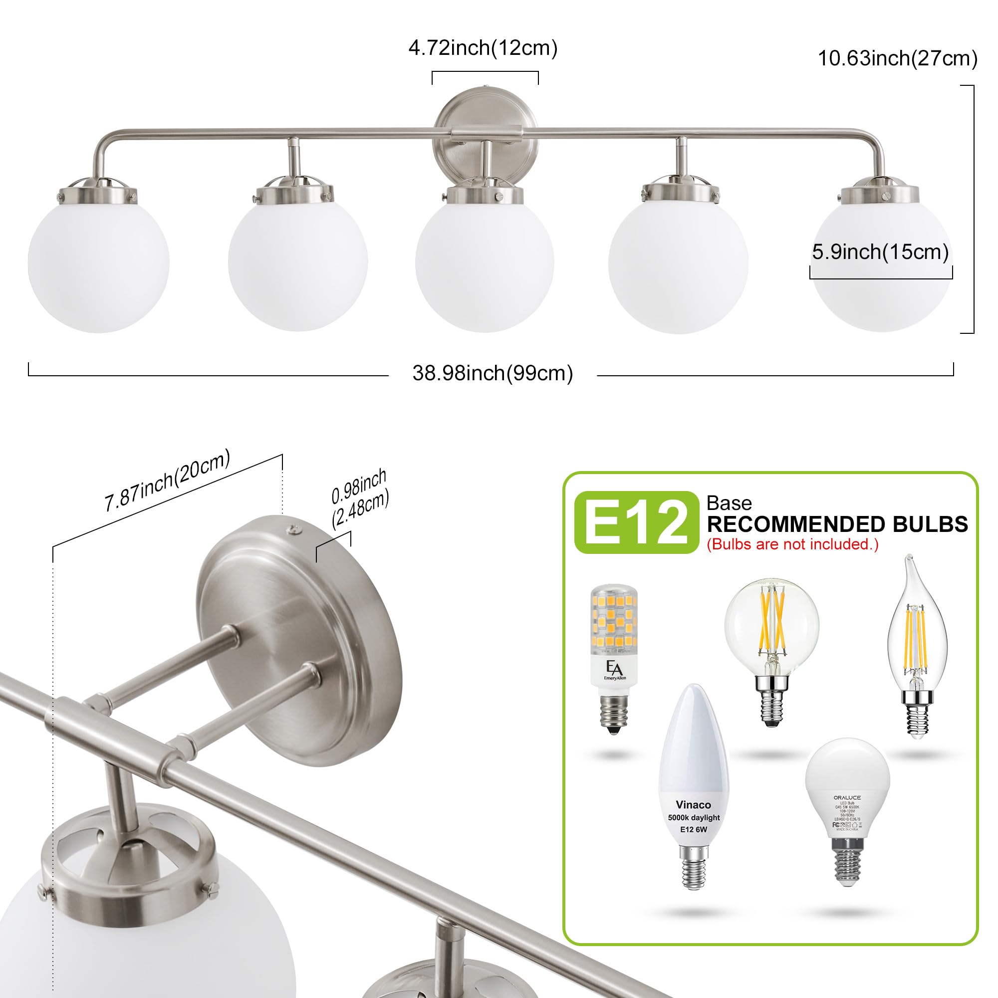 Deyidn Bathroom Light Fixtures Over Mirror, Brushed Nickel Modern Vanity Lighting With Milk White Glass Globe Shades 5-Light Far