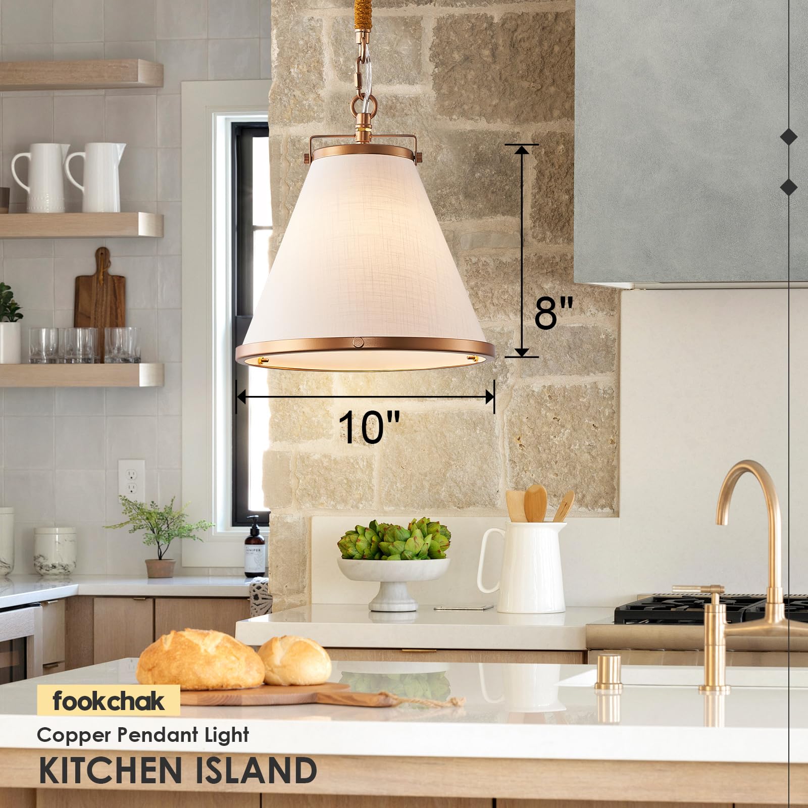 Fookchak 3-Pack Vintage Brass Kitchen Pendant Lighting Over Island White Linen Pendant Light 10In Copper Pendant Lighting With Hemp Rope Rod Entryway Ceiling Hanging Light For Dining Room