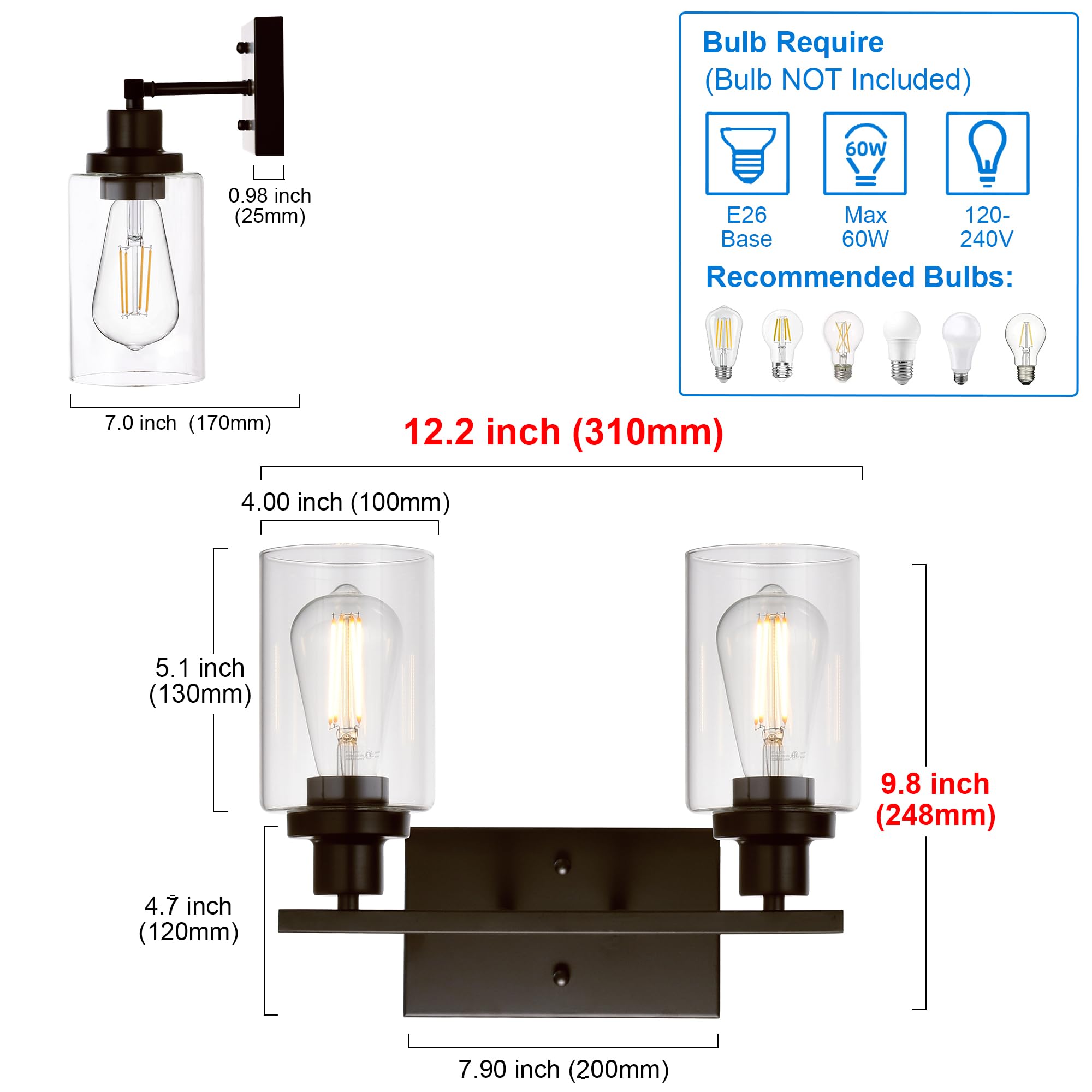 MELUCEE 2-Light Industrial Bathroom Lighting Wall Mount Sconces, Oil-Rubbed Bronze, Clear Glass Shade, Model 716852865307