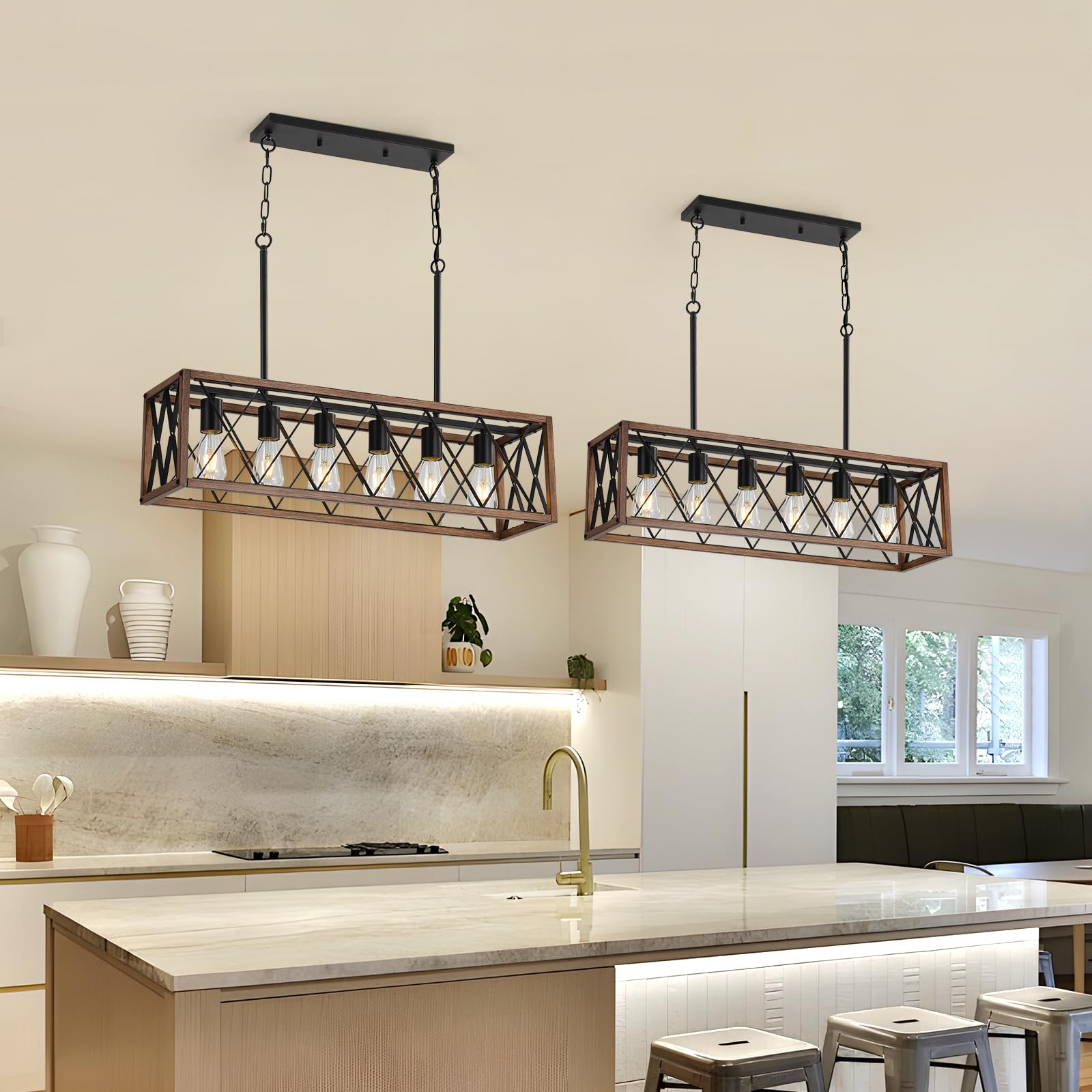 KEESFU 6-Light Wood Grain Chandelier, Adjustable Rustic Pendant Light for Dining Room and Kitchen