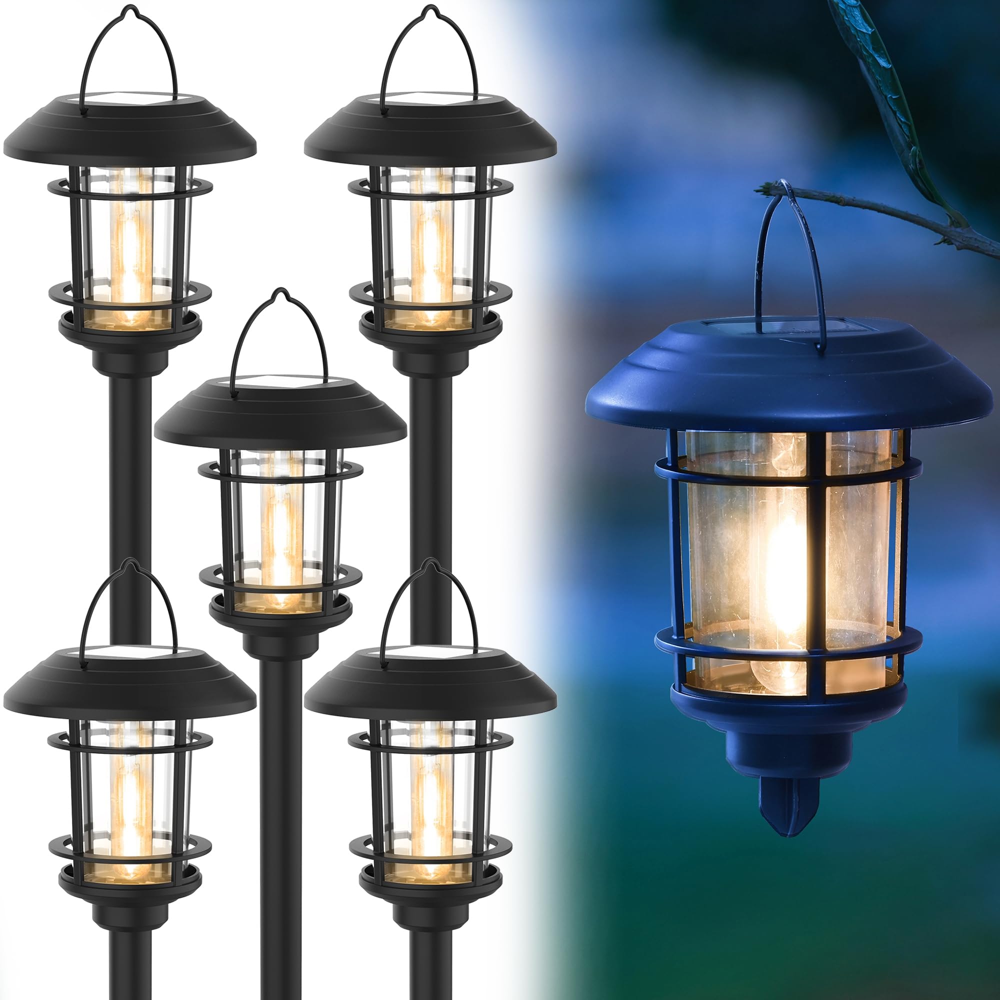 Dynaming 6 Pack Dual Use Solar Path Lights Outdoor, Hanging Lantern Solar Garden Lights with Edison Bulb, Landscape Lighting, Wa