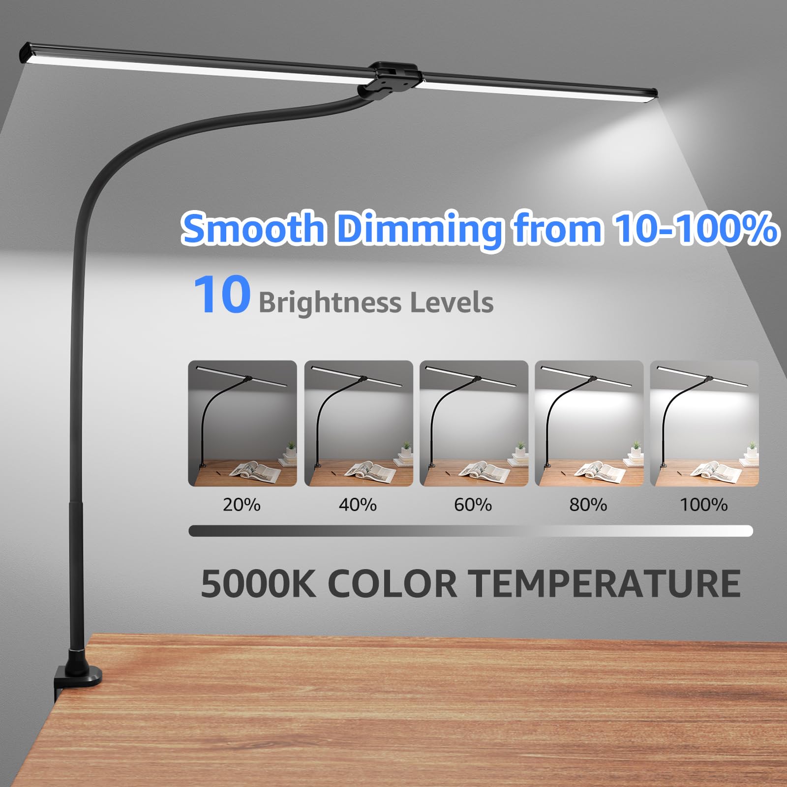 Shinetech Led Desk Lamp For Home Office, 5000K Bright Double Head Architect Task Lamps With Clamp, Dimmable Adjustable Flexible