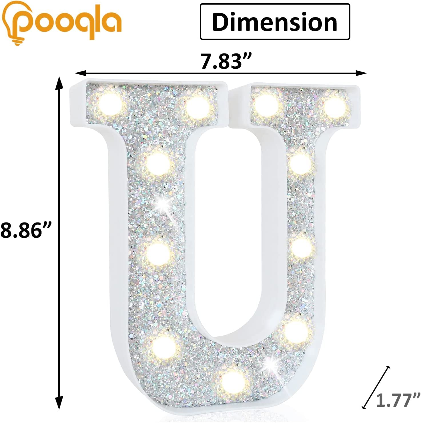 Pooqla LED Marquee Letter Light, Silver, Colorful RGB, Battery Operated, Model S-RGB Silver, Perfect for Parties and Decorations, Letter U
