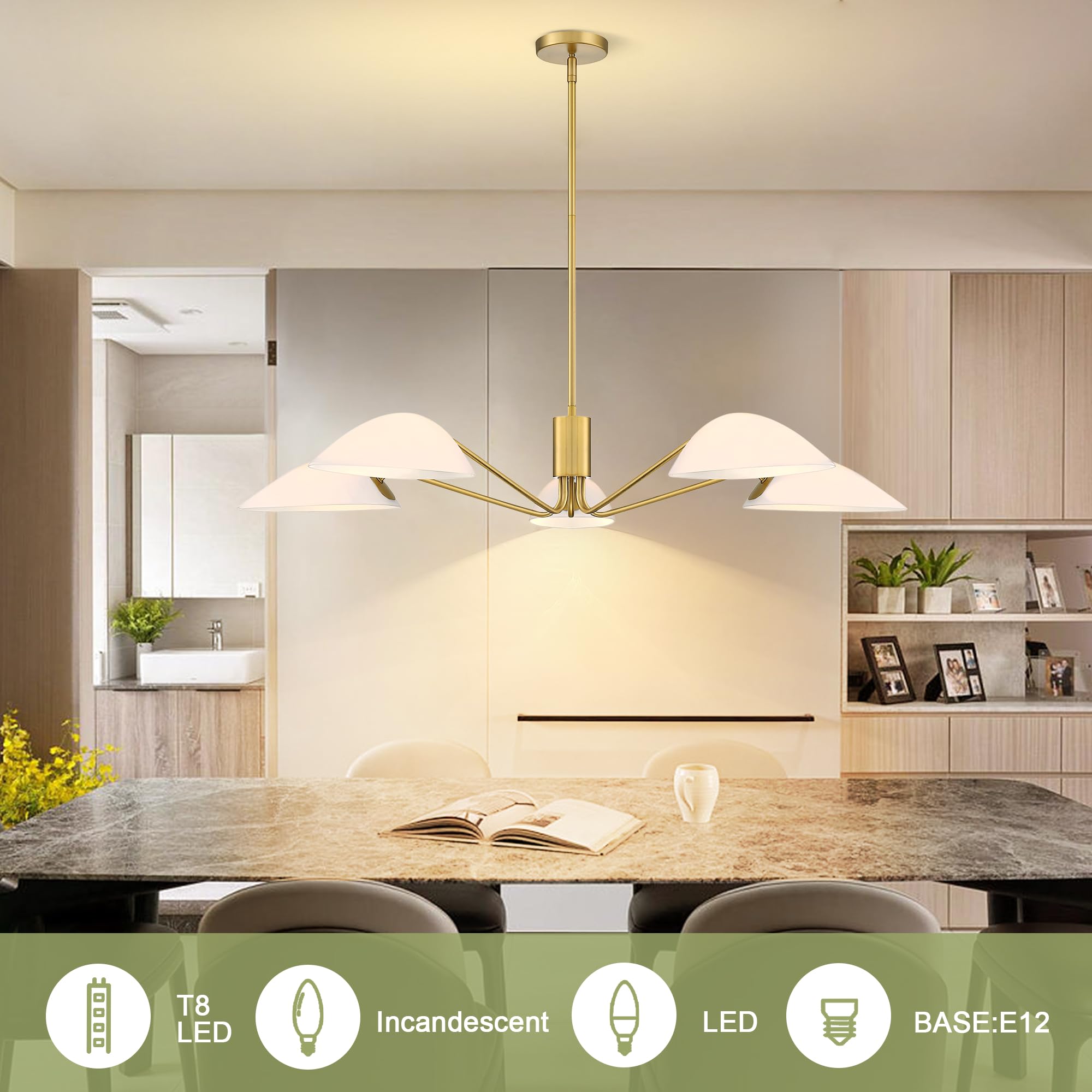 MEXO Modern Glass Sputnik Chandelier, Gold 5LT Pendant Light Fixture for Dining Room & Kitchen Island, Model 10028CH-GD