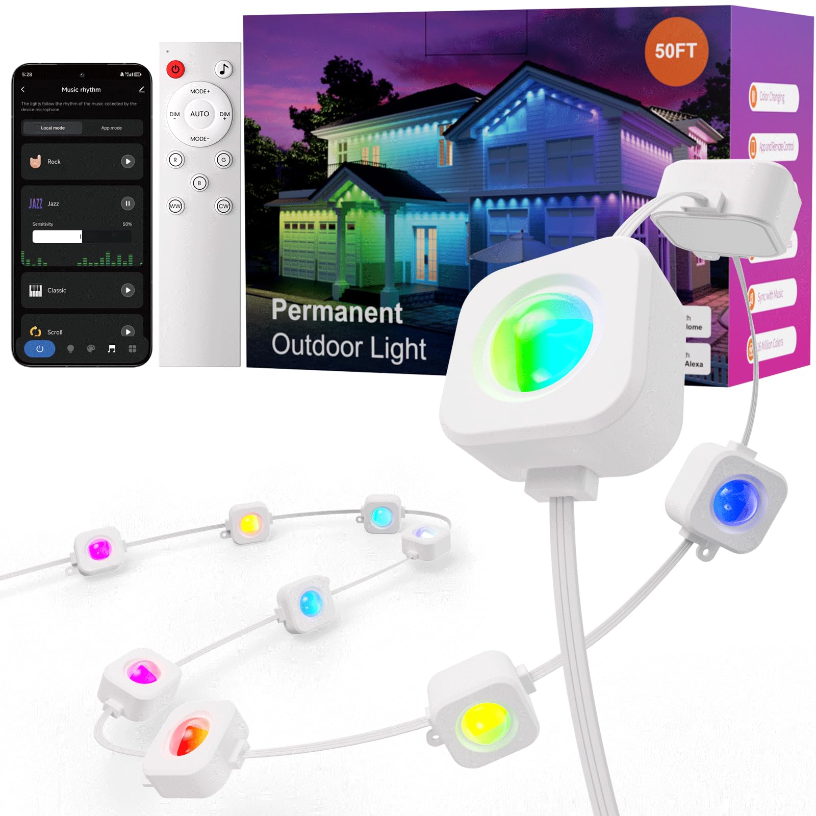 Fitop 50FT RGB Smart Eaves Lights, IP67 Waterproof LED Strip, Music Sync, Multicolor, Compatible with Alexa/Google