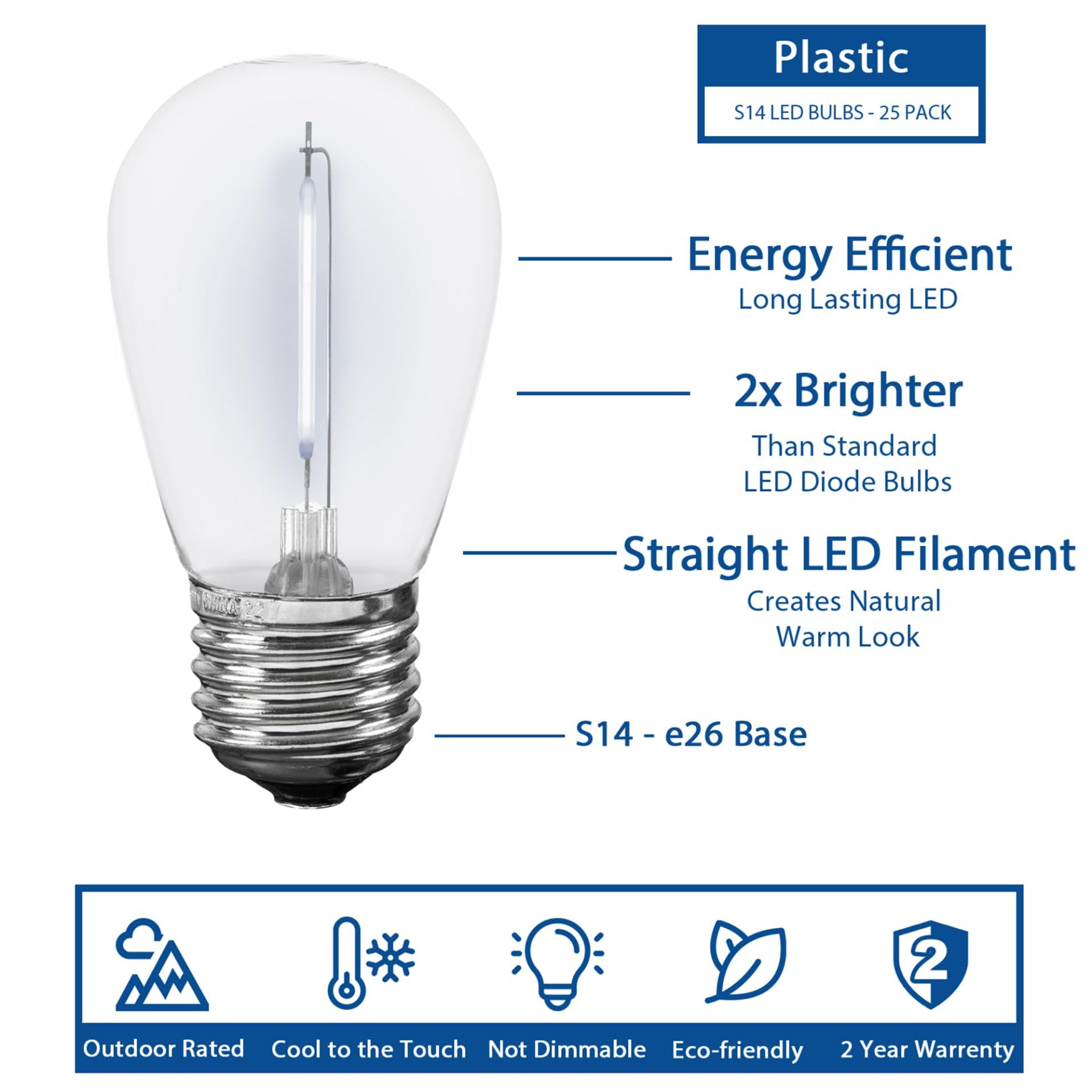 Novelty Lights Outdoor String Light Replacement Bulbs, 25 Pack S14 Led Edison Shatterproof Plastic, E26 Base, 30,000-Hour Lifesp