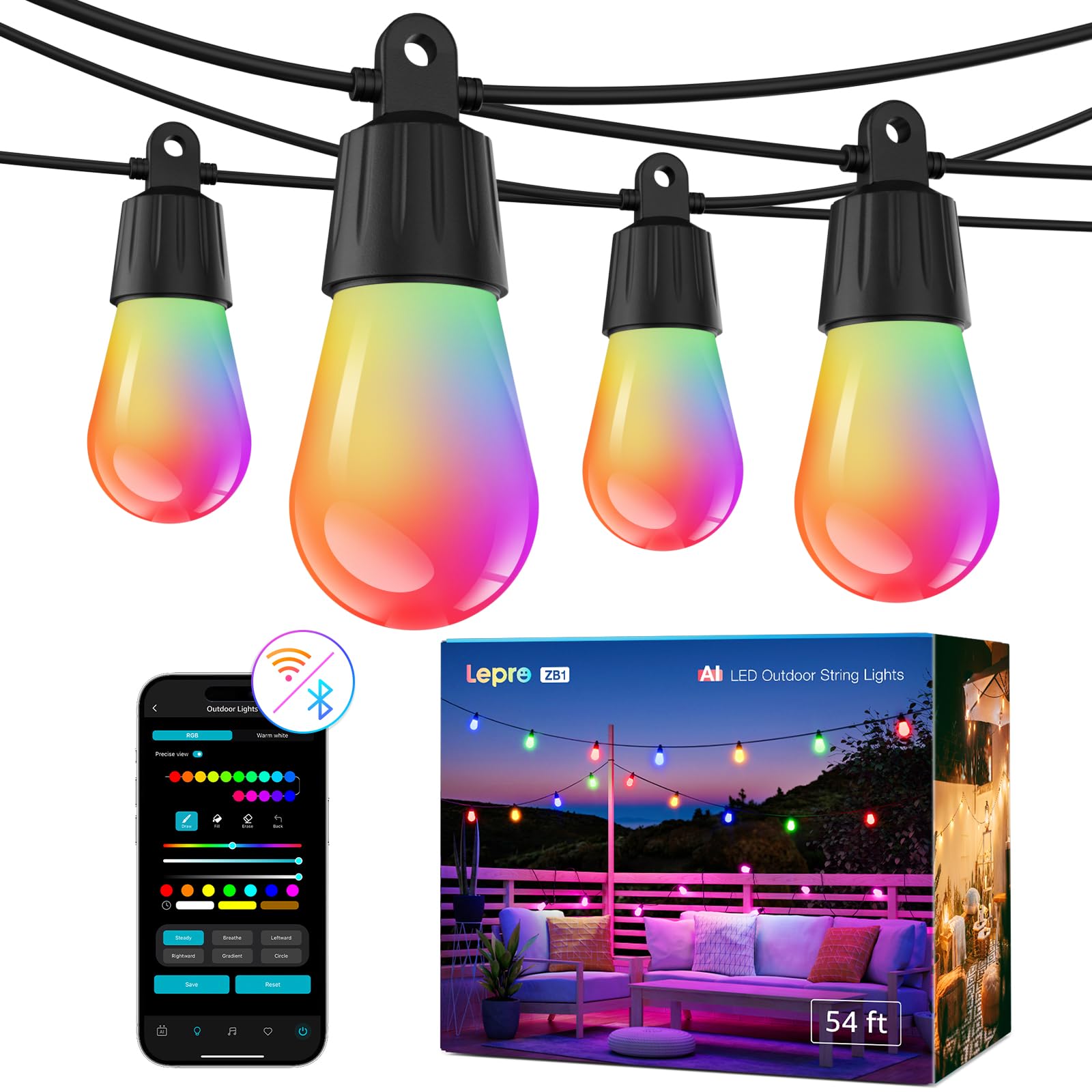 Lepro ZB1 AI Smart Outdoor String Lights APP Control, 54(42+12) ft RGB+IC+Warm White Outdoor Lights 15 LED Bulbs, Alexa Google E