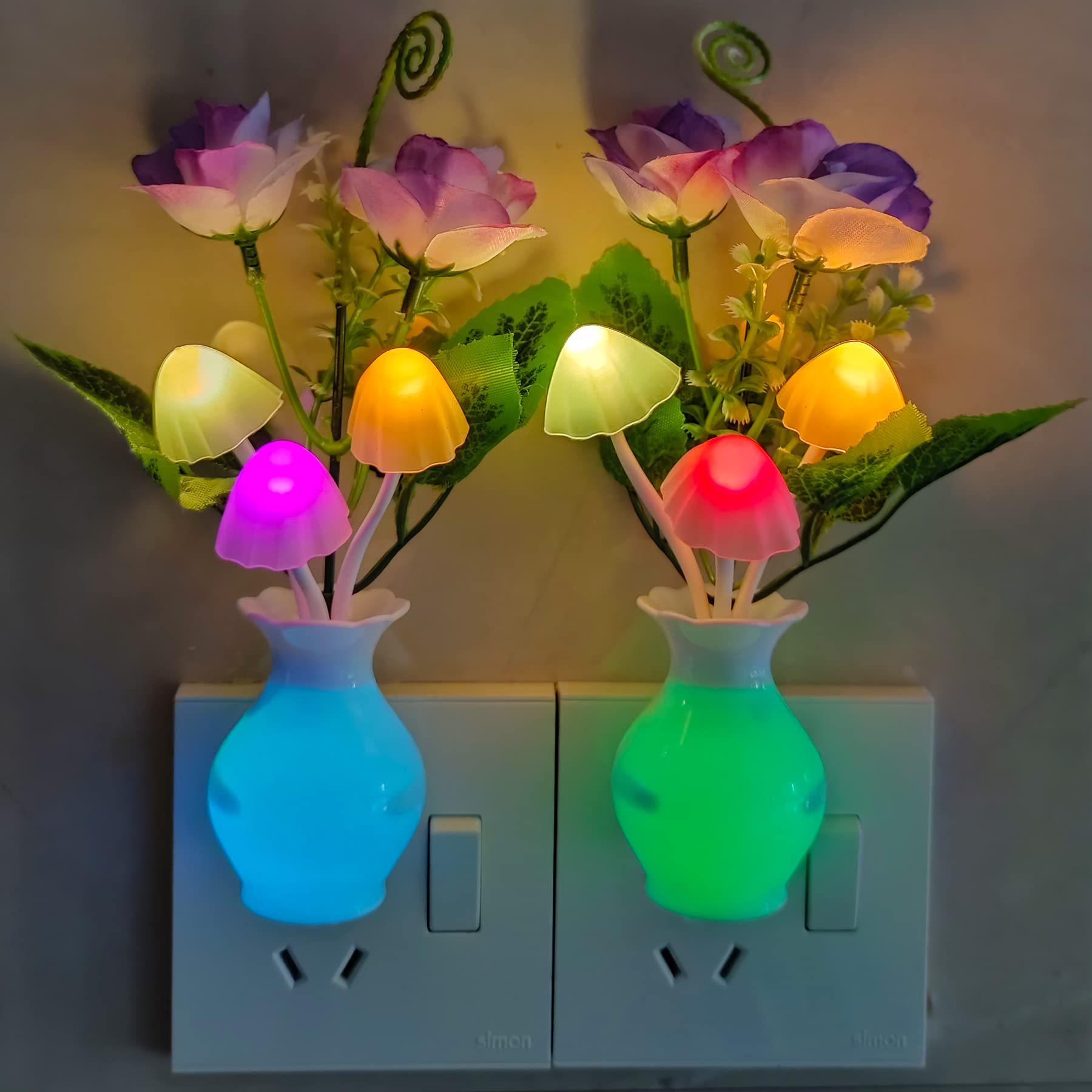 AUSAYE LED Night Light Sensor - 4 Pack Purple Rose Flower, Energy Saving, Plastic, Model 7413, Ideal for Kids and mature-themeds Bedroom, Bathroom