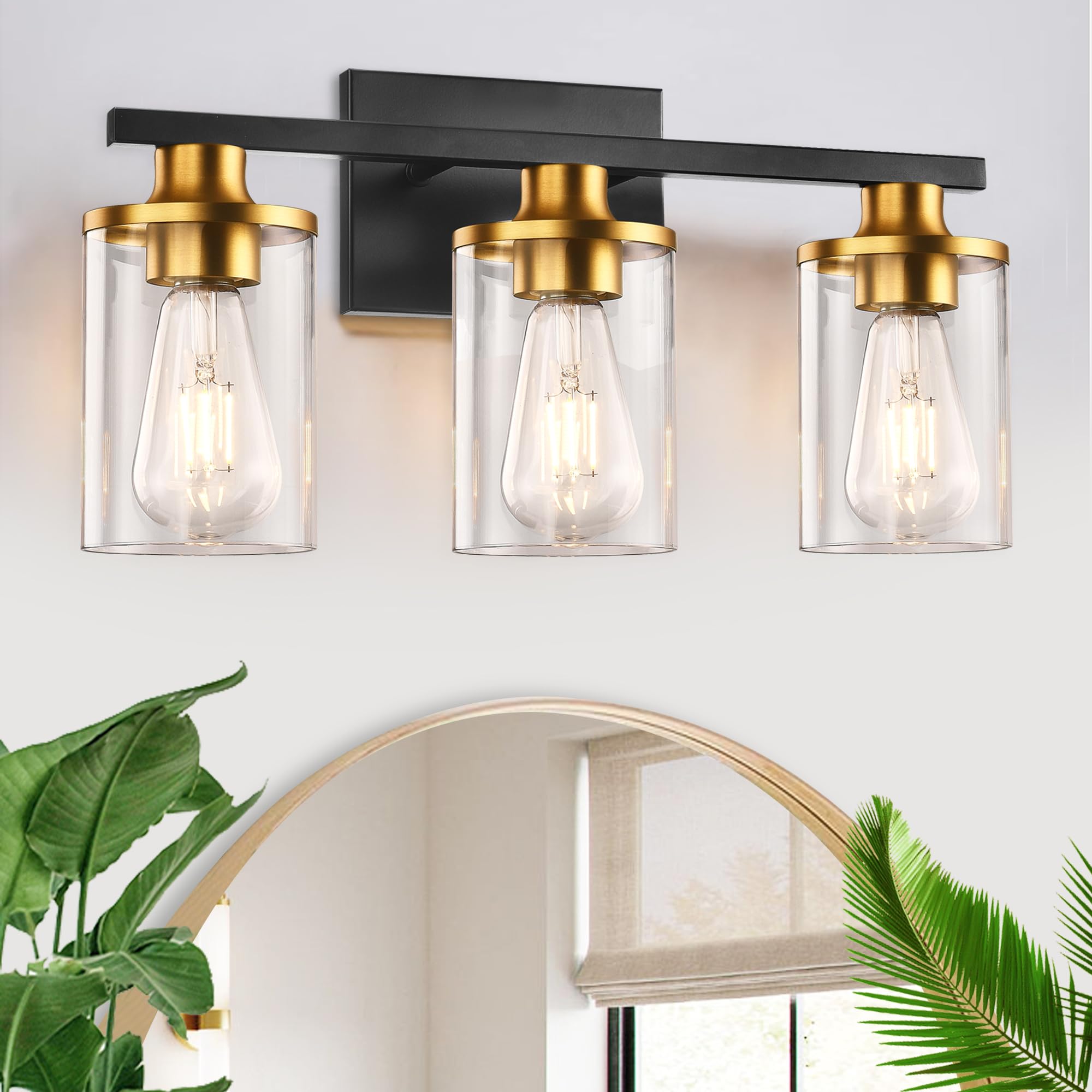 Grower 3 Light Bathroom Light Fixtures, Black Vanity Light For Bathroom, Bathroom Vanity Lights Over Mirror With Clear Glass Shade, Vanity Lighting Fixtures, Wall Lamp Sconces For Bedroom, Porch