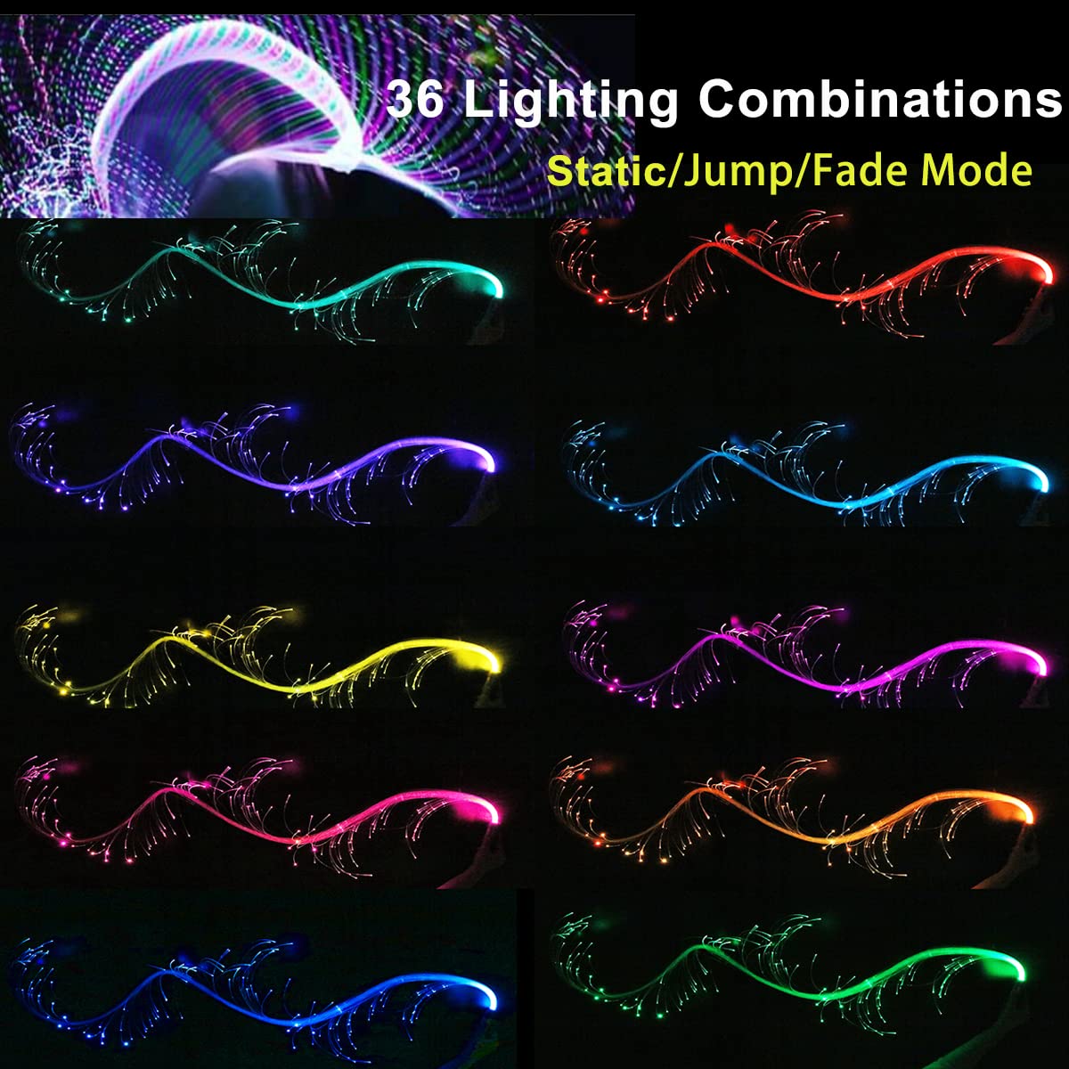 Fiber Optic Dance Whip Rechargeable, Azimom Space Whip 6Ft 360 Swivel 36Mode Pixel Flow Whip Rave Toy Light Up Whip For Party Da
