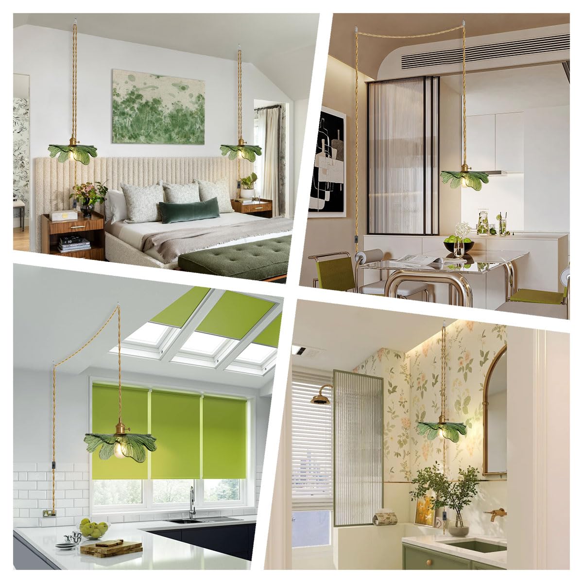 Auwieou Green Glass Plug-in Pendant Light, 14.75ft Cord, 1-Light Brass Fixture for Kitchen, Bedroom, Living Room