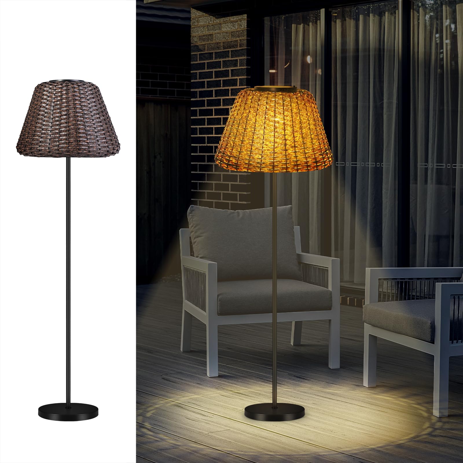 Shumi Solar Outdoor Floor Lamp, Cordless Floor Lamp, Outdoor Lamps For Patio Waterproof, Solar Rattan Floor Lamp For Porch Garde