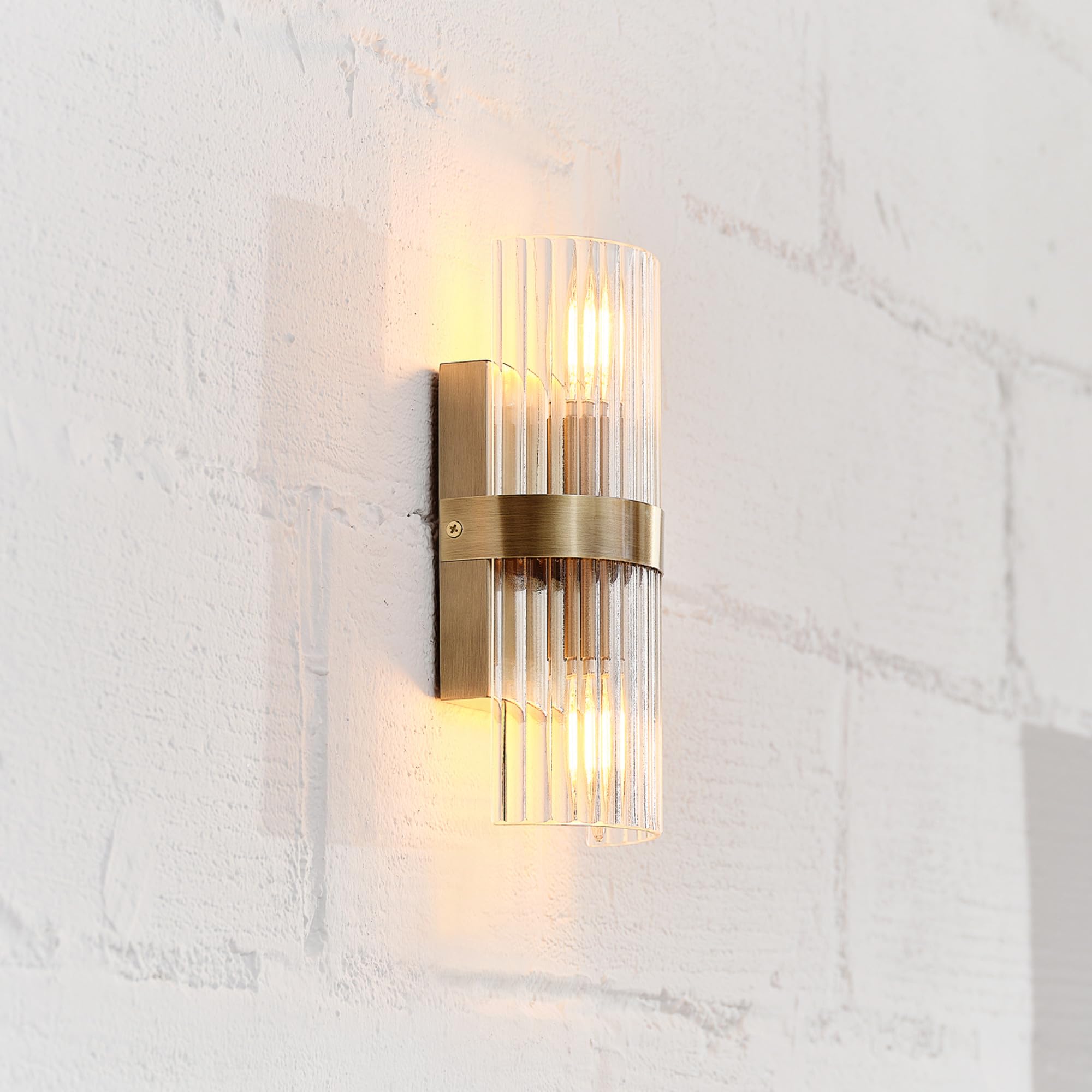 Globe Electric 65000046 2-Light Wall Sconce, Matte Brass, Ribbed Glass Shade, E12 Base Sockets, Wall-Lamp Dimmable, Lights For B