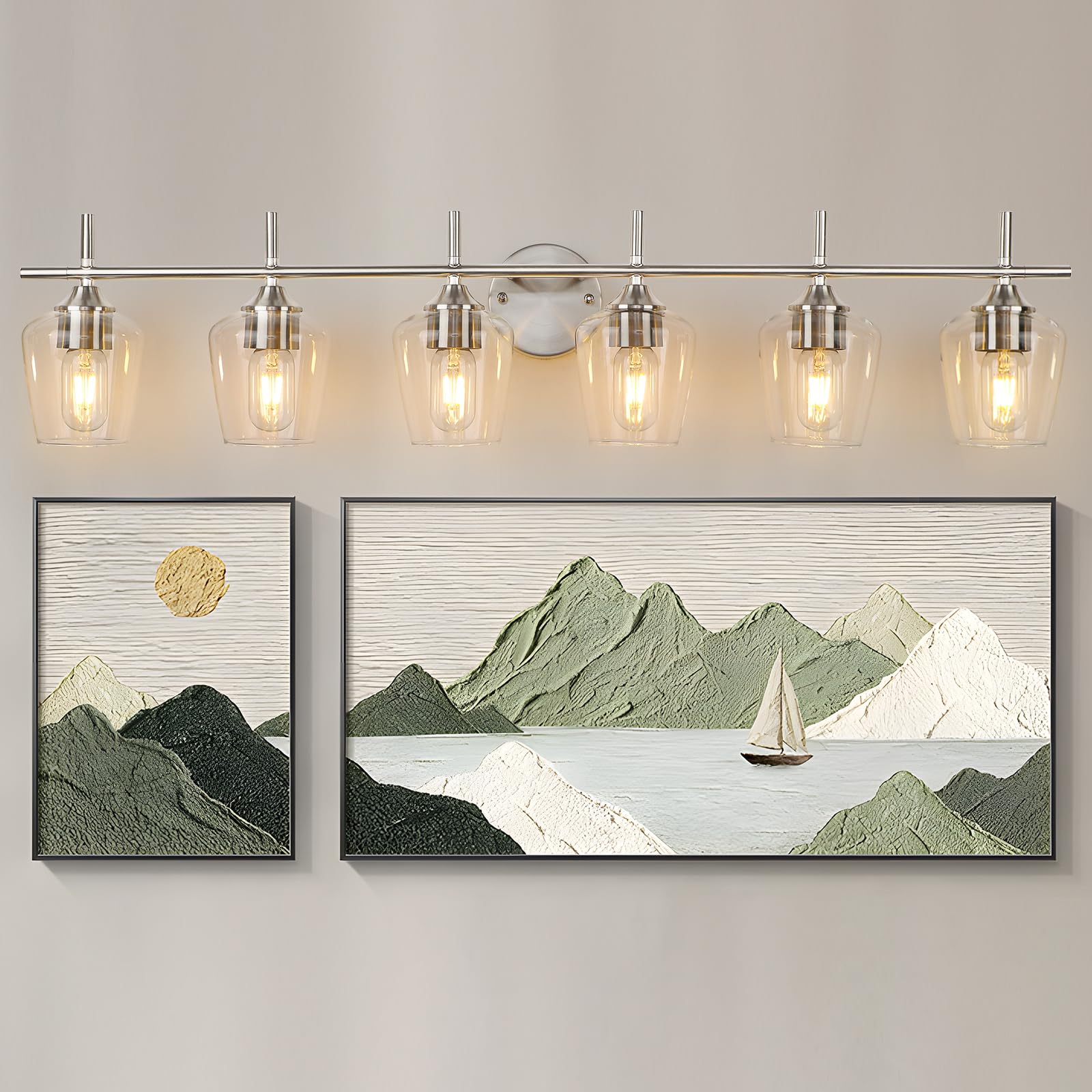 foucasal 6-Light Bathroom Vanity Light Fixtures, Brushed Nickel, Metal, Clear Glass Shade, Model ULB0046H-6SHANIE
