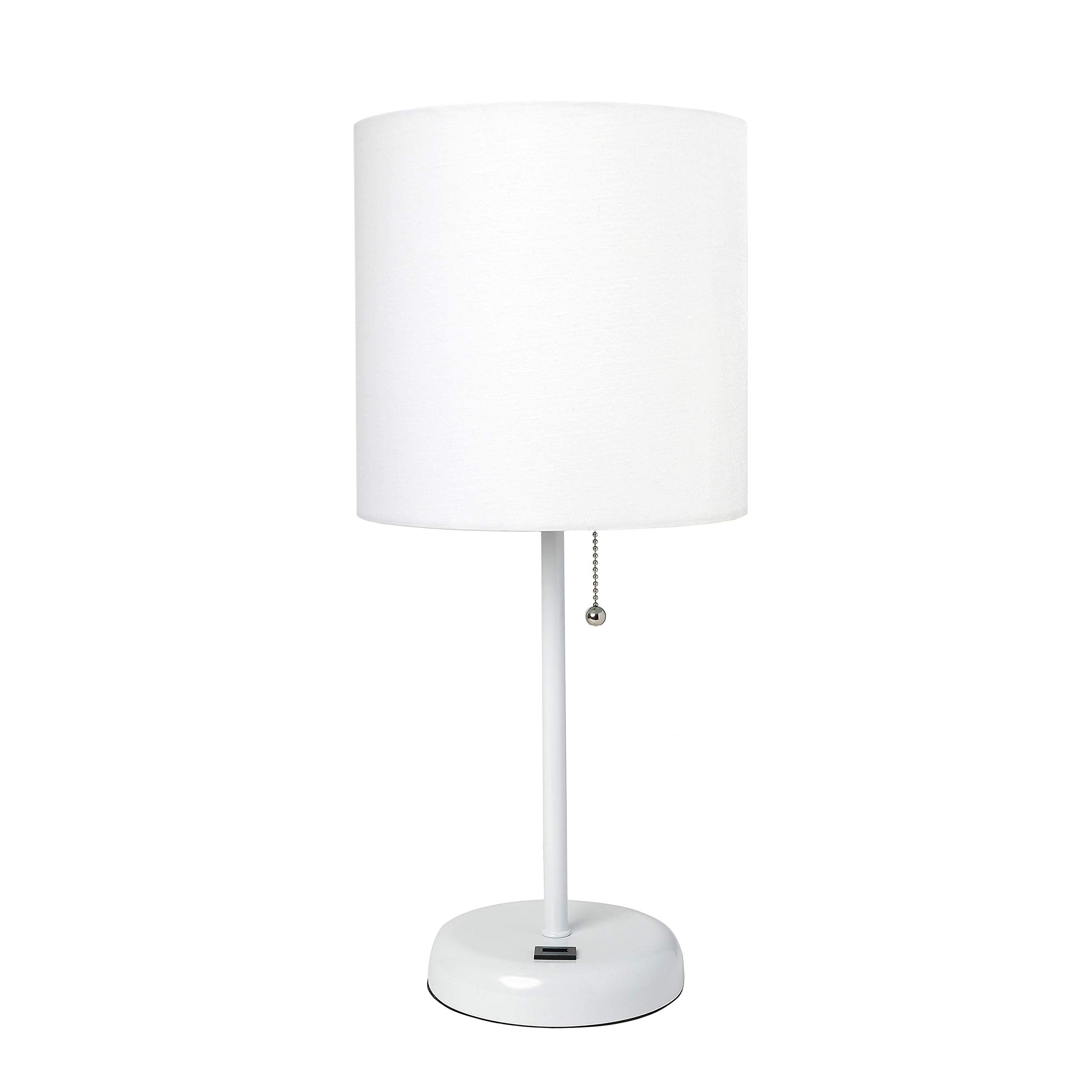 Simple Designs Lt2044-Wow White Stick Table Desk Lamp With Usb Charging Port And Drum Fabric Shade, White Shade