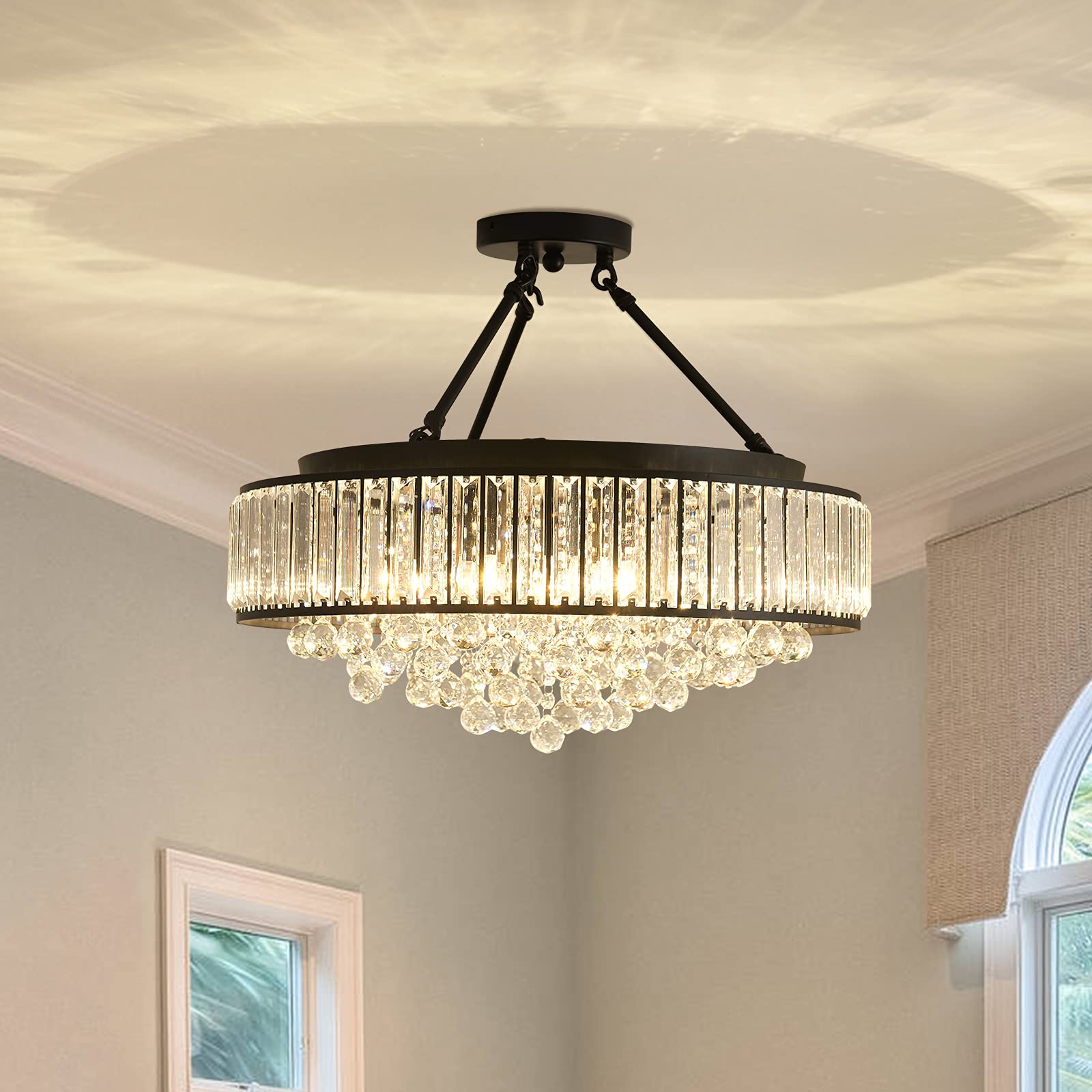 Yyjlx 6-Light Modern Black Metal Crystal Chandelier Semi Flush Mount Ceiling Lamp