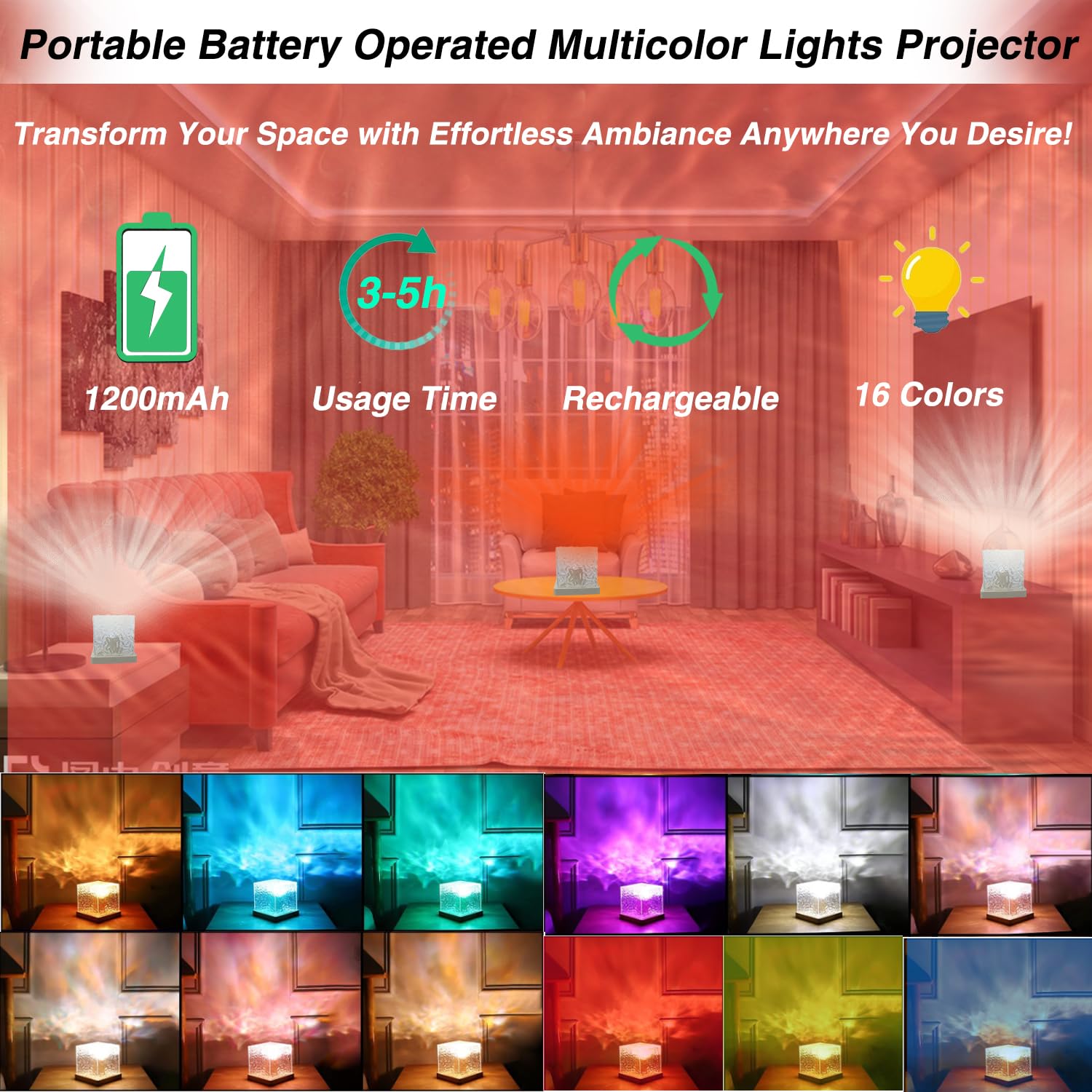 Ocean Wave Projector Light Cordless - Battery Operated Under Water Lamp Cube Northern Lights Aurora Projector Rechargeable Night
