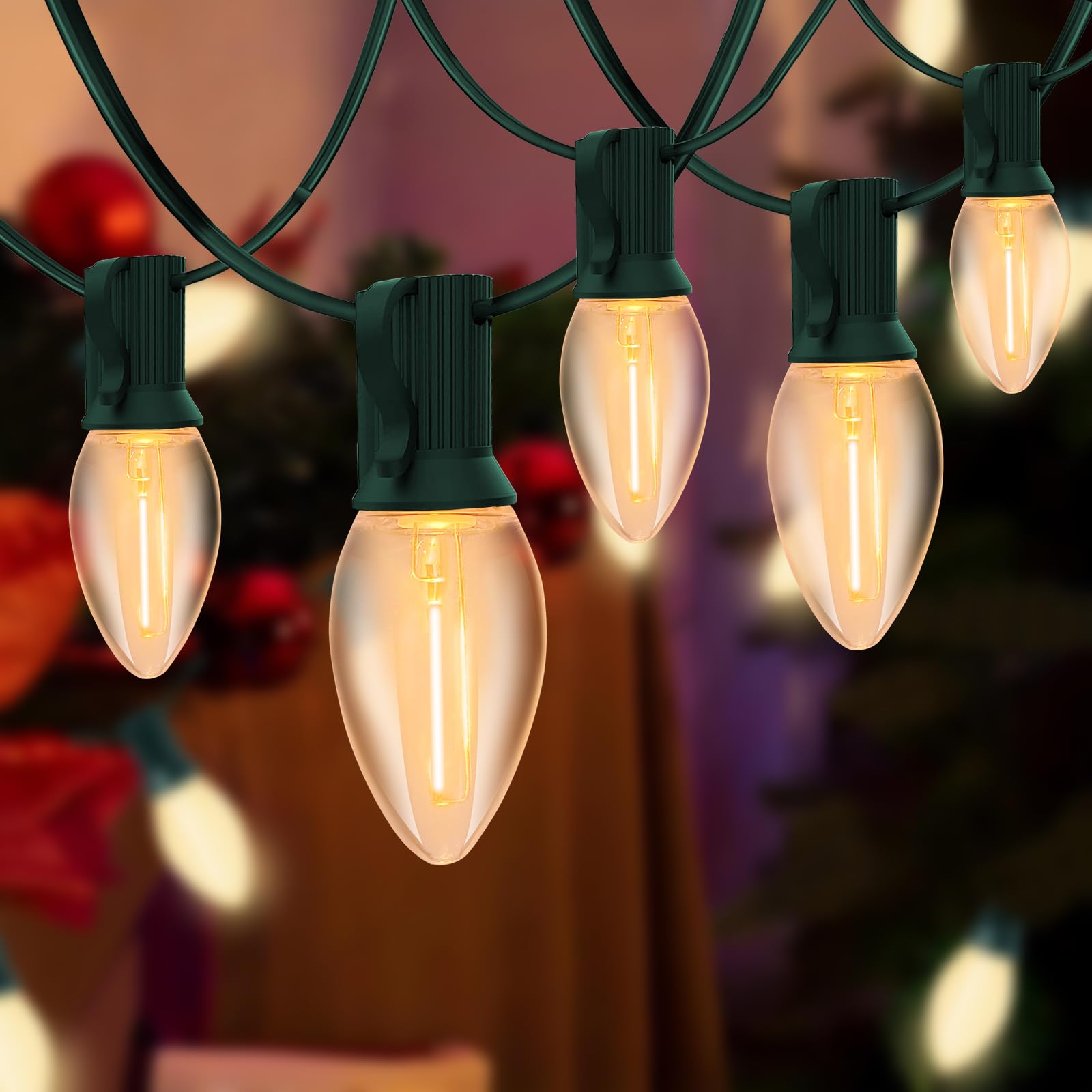 Lnguistic C7 LED String Lights, 25FT, 27 Warm White Bulbs, Clear Plastic, Connectable, Outdoor Christmas Decorations