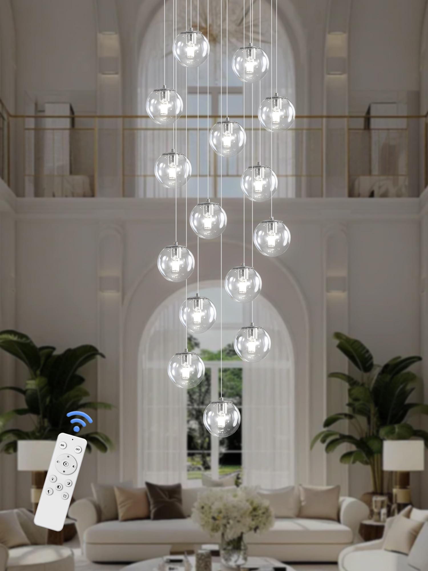 ykolupty H118 LED Staircase Chandelier - 15-Light Clear Glass Pendant Light for High Ceilings, Modern Silver Lighting Fixture