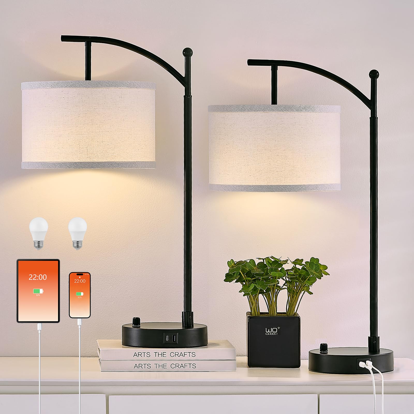 Hikczc Table Lamp for Living Room Bedroom  23.5 Table Lamps Set of 2 with USB C+A Ports  Bedside Lamps for Nightstand with Linen Lamp Shades  2 Dimmable LED Bulbs Included  Black
