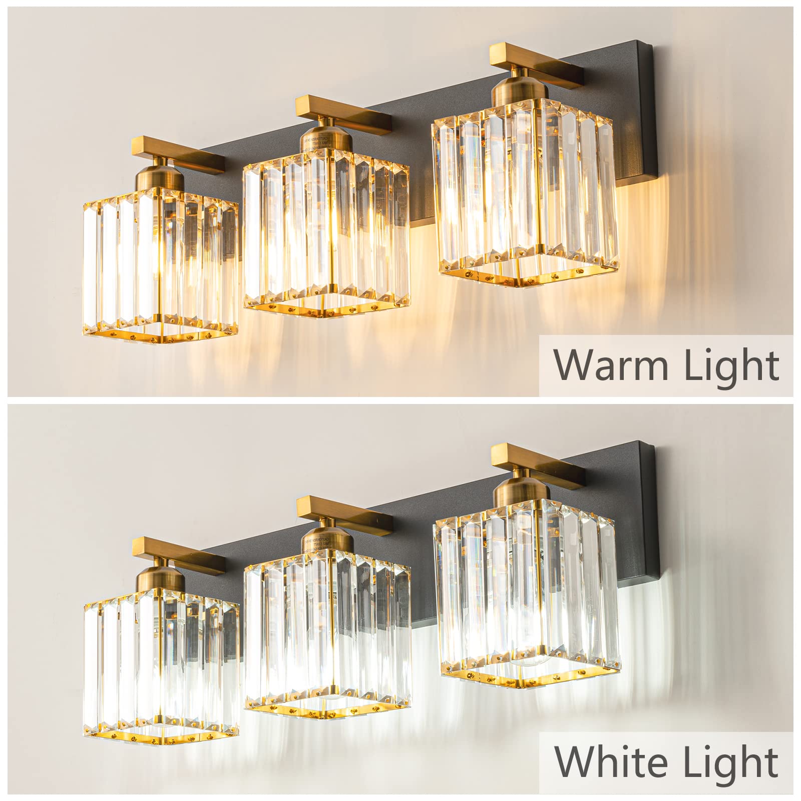Fdpby Modern Black Gold Crystal Bathroom Vanity Light - 3-Lights Wall Light Fixture