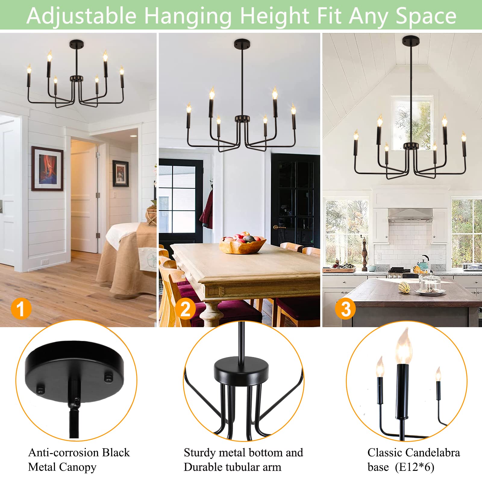 Rviezza 6 Light Black Chandelier Modern Farmhouse Chandelier For Dining Room Lighting Fixtures Hanging, Rustic Industrial Candle Chandeliers For Foyer Kitchen Living Room Bedroom