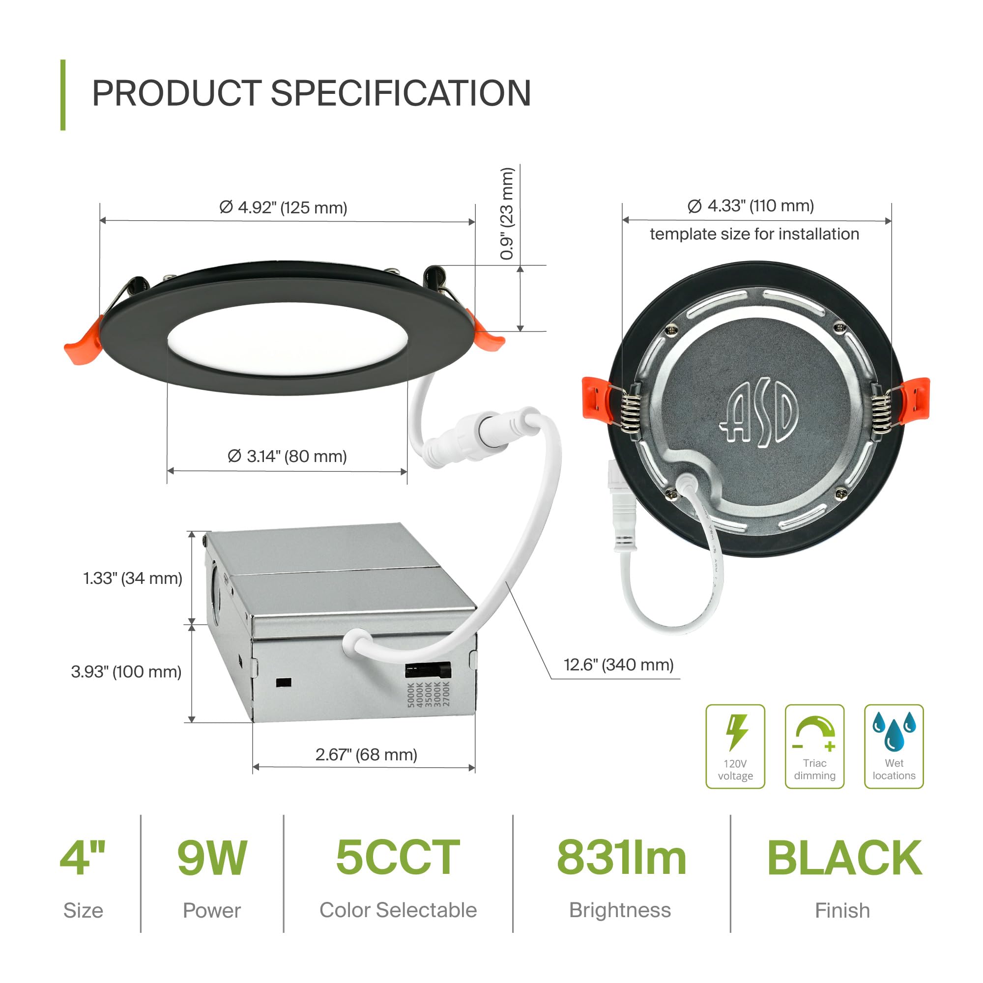Asd 6 Pack Led Recessed Lighting 4 Inch 9W  5 Cct 2700K-5000K Cri90+  Ic Rated Ultra Thin Dimmable Ceiling Lights With J Box  Canless Wafer Downlight  Round Slim Panel Light  Energy Star Etl  Black