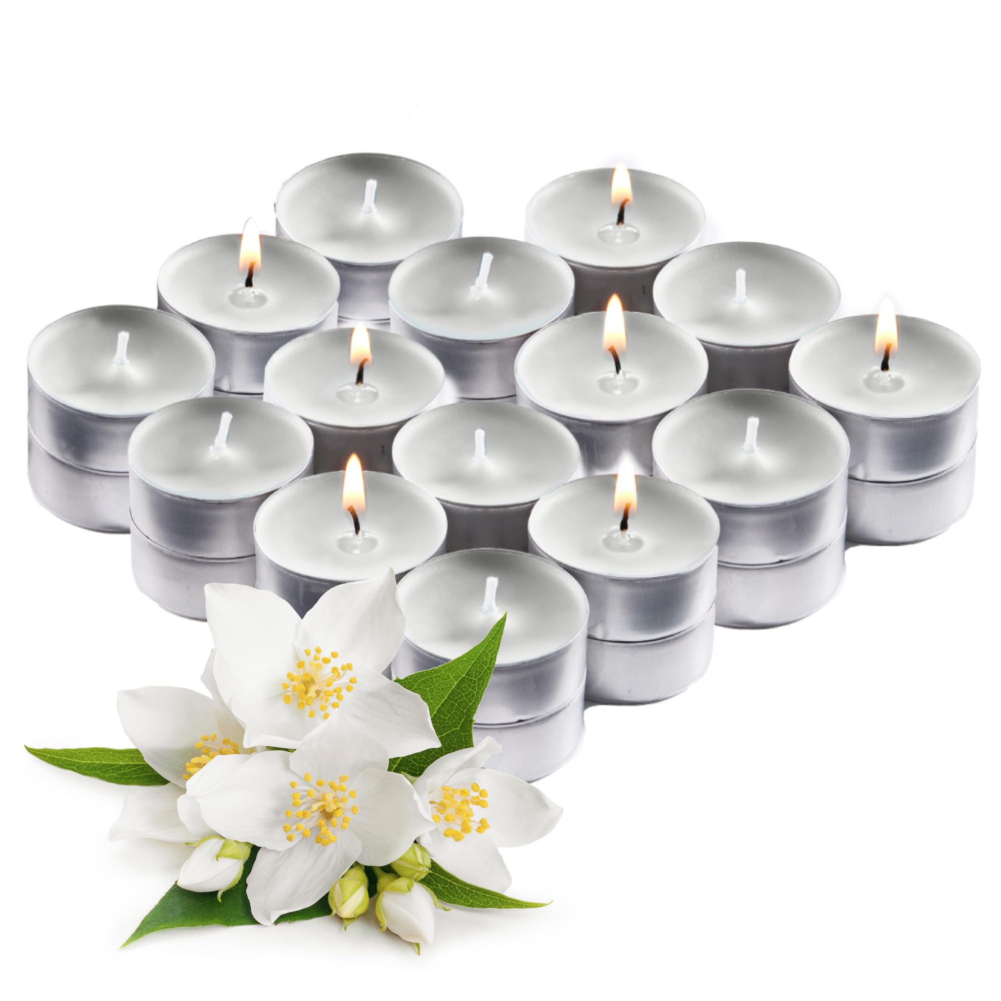 White Scented Tealight Candles - Pack of 30 White Tea Light Candles - White Tea Lights Candles with Long Lasting Aromas - Spiritual Jasmin Scented Tea Lights Candles - 4 Hour Burn Time