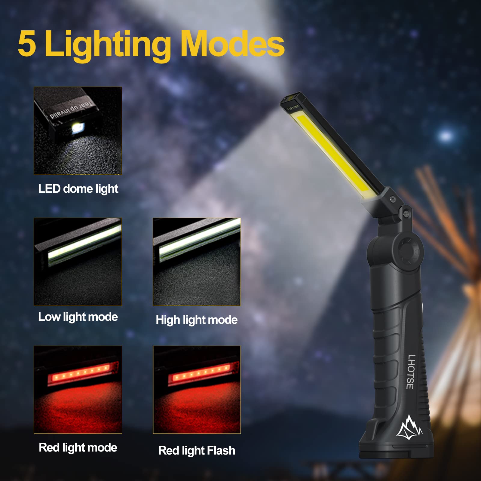Lhotse Rechargeable Work Lights, Led Work Light With Magnetic Base And 360? Rotation Stand, 5 Modes Cob Bright Flashlights Inspe