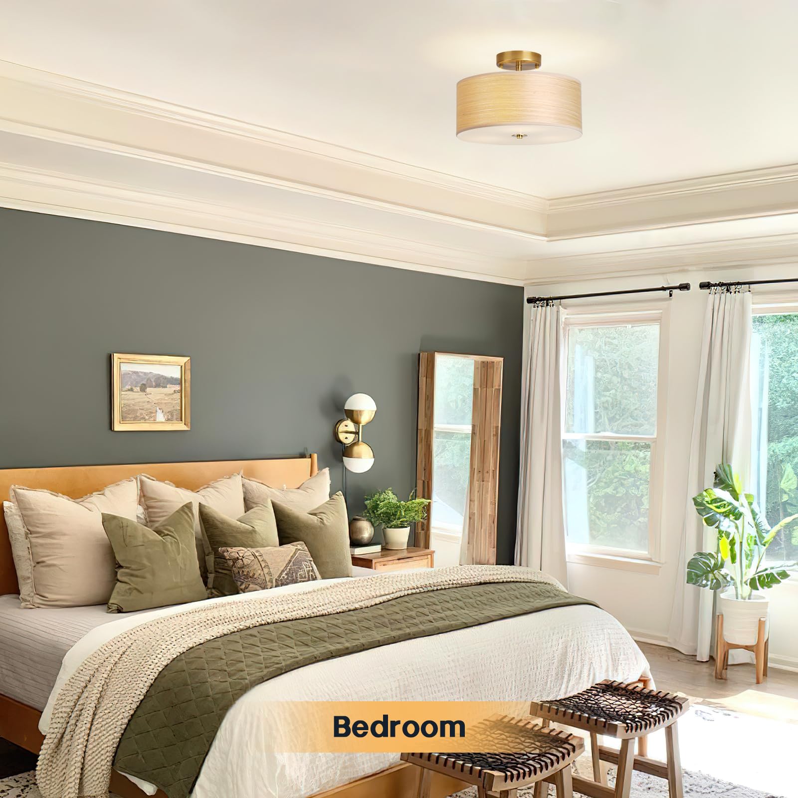 Calokes Gold Drum Ceiling Light Fixture, 13'' Semi Flush Mount With Natural Wood Shade, Modern Farmhouse Close To Ceiling Lamp F