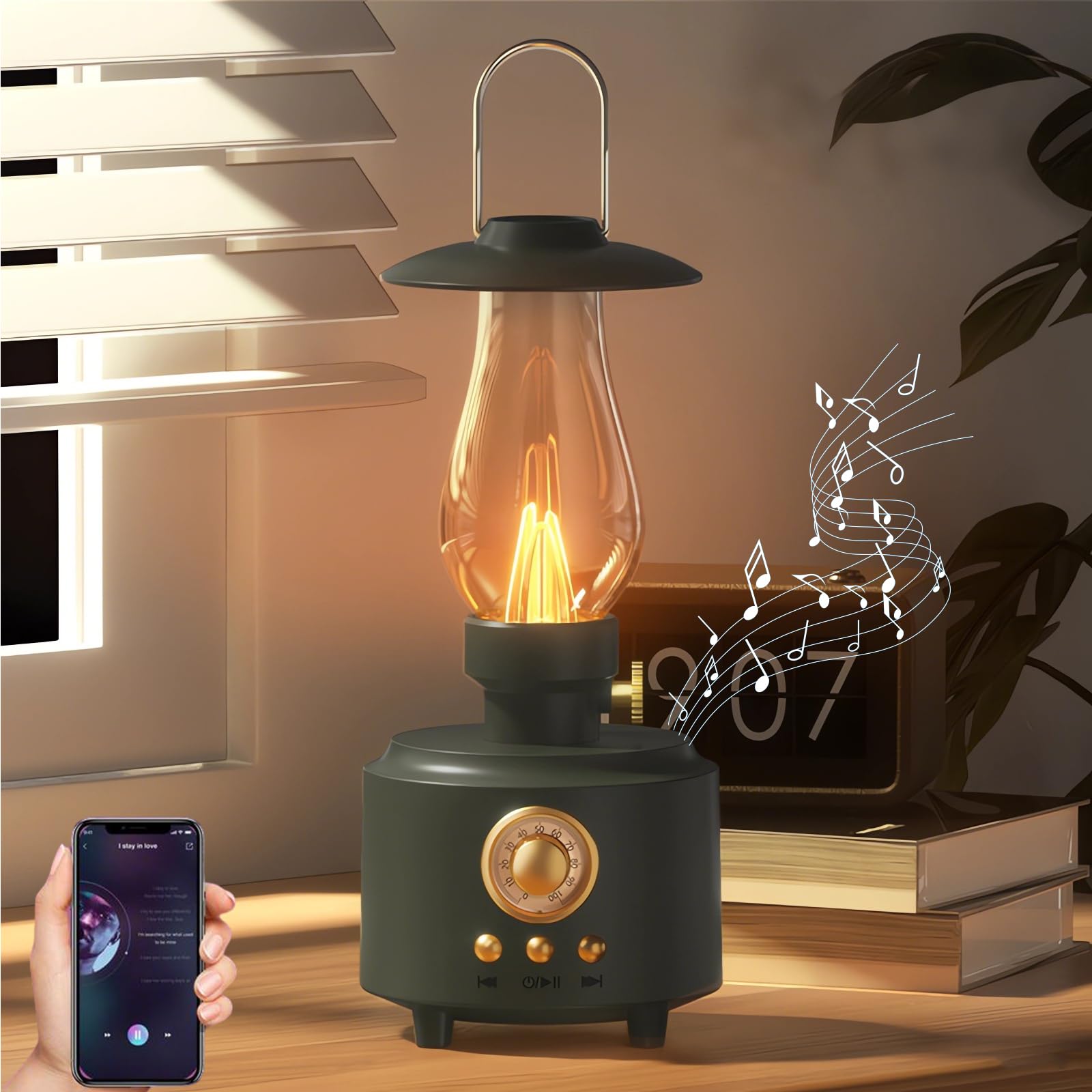 AVEKI Vintage Kerosene Table Lamp with Bluetooth Speaker  Infinitely Dimmable Rechargeable LED Lights for Bedroom  IPX4 Waterproof Bedside Lamps for Camping Party Holiday Home Decor Gift (Green)
