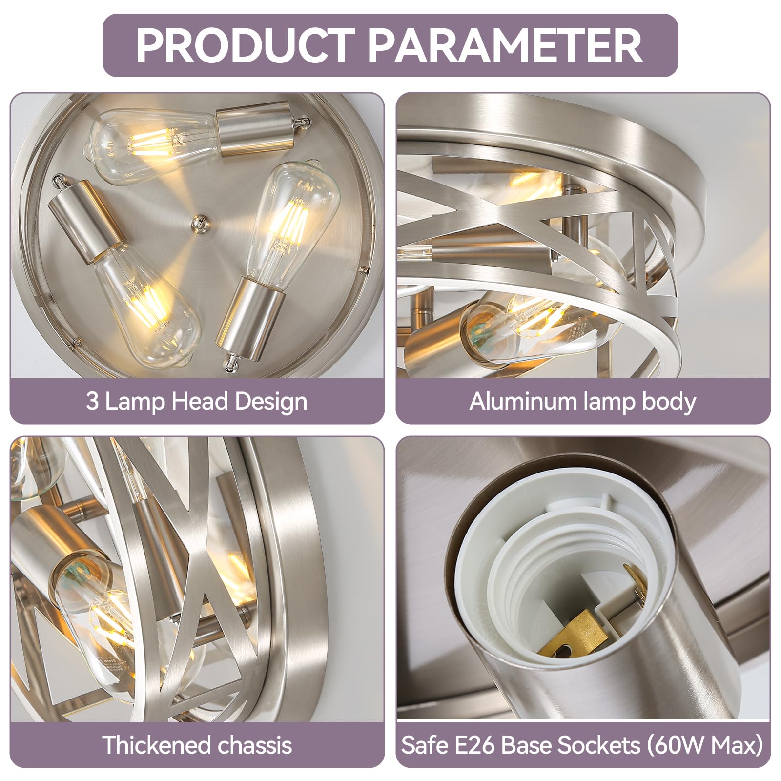 13 Inch Brushed Nickel Flush Mount Ceiling Light Fixtures,3-Light Industrial Farmhouse Ceiling Light Fixture,Brushed Nickel Ligh