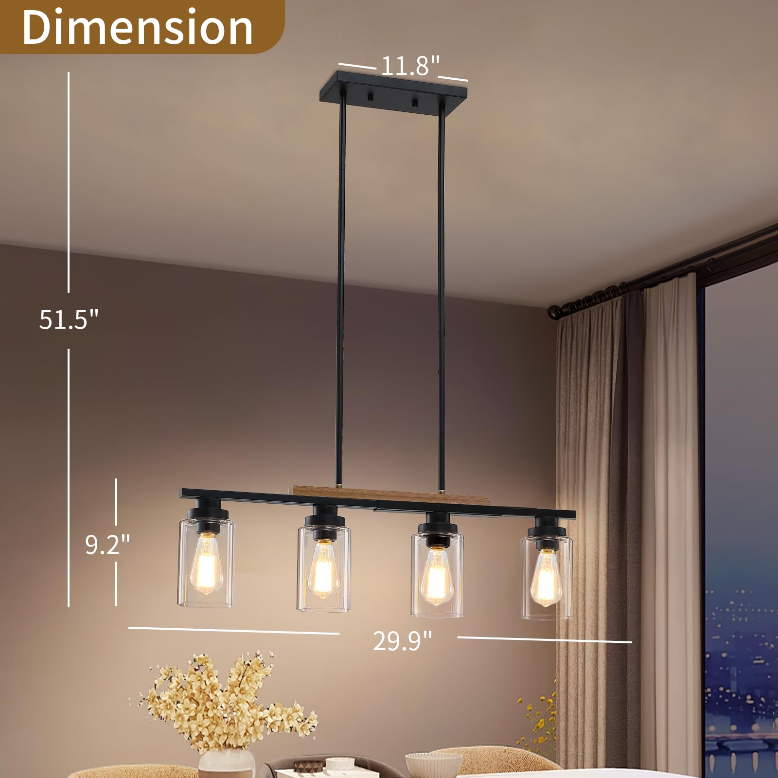 Dining Room Light Fixture Over Table,Farmhouse 4-Light Kitchen Island Lighting,Modern Wood Chandeliers For Dining Room With Adjustable Height,Industrial Black Kitchen Pendant Hanging Lights