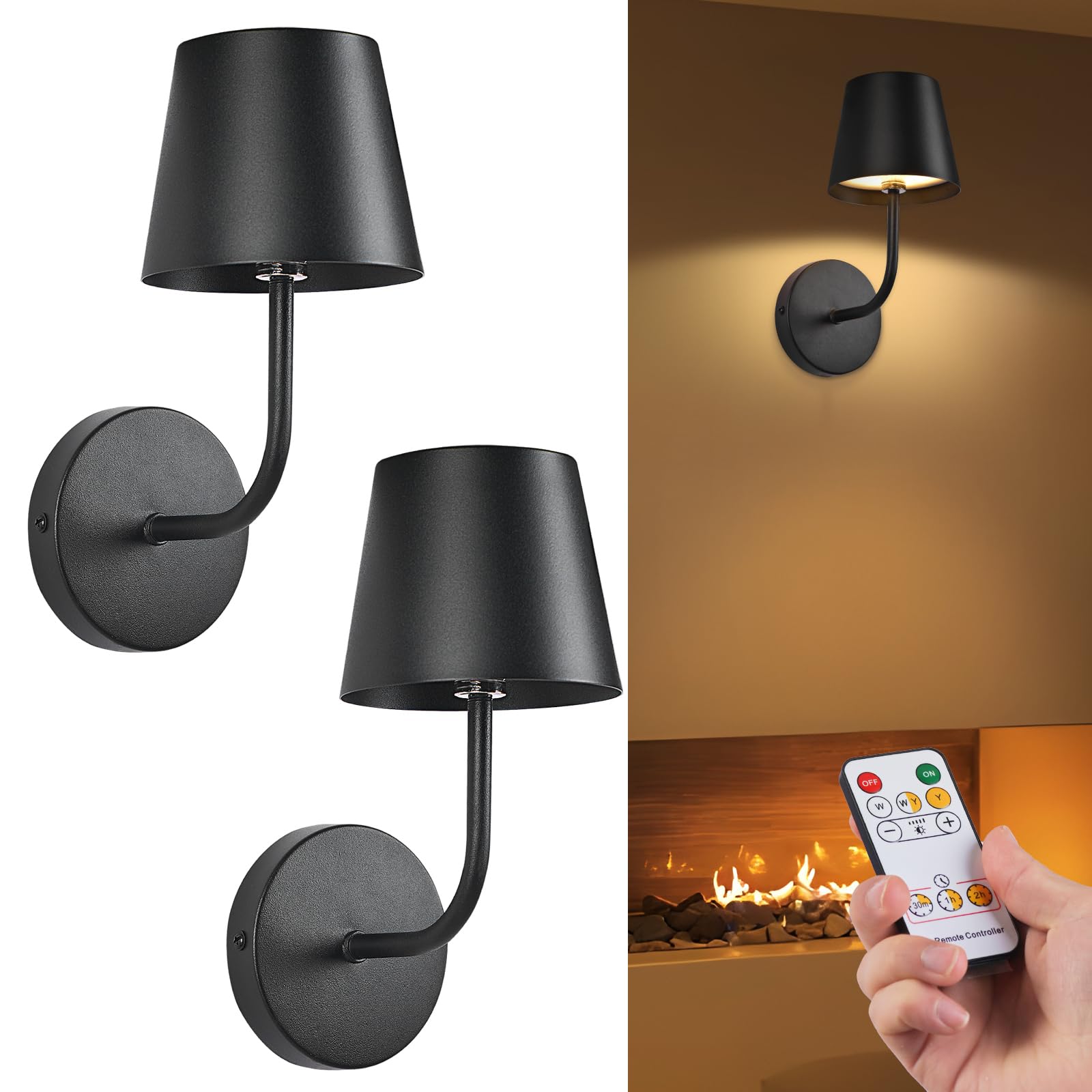 IMQSQIK LED Wireless Wall Lamp Set of 2, Rechargeable, Touch Control, Black, Model RQ-14-2Pack