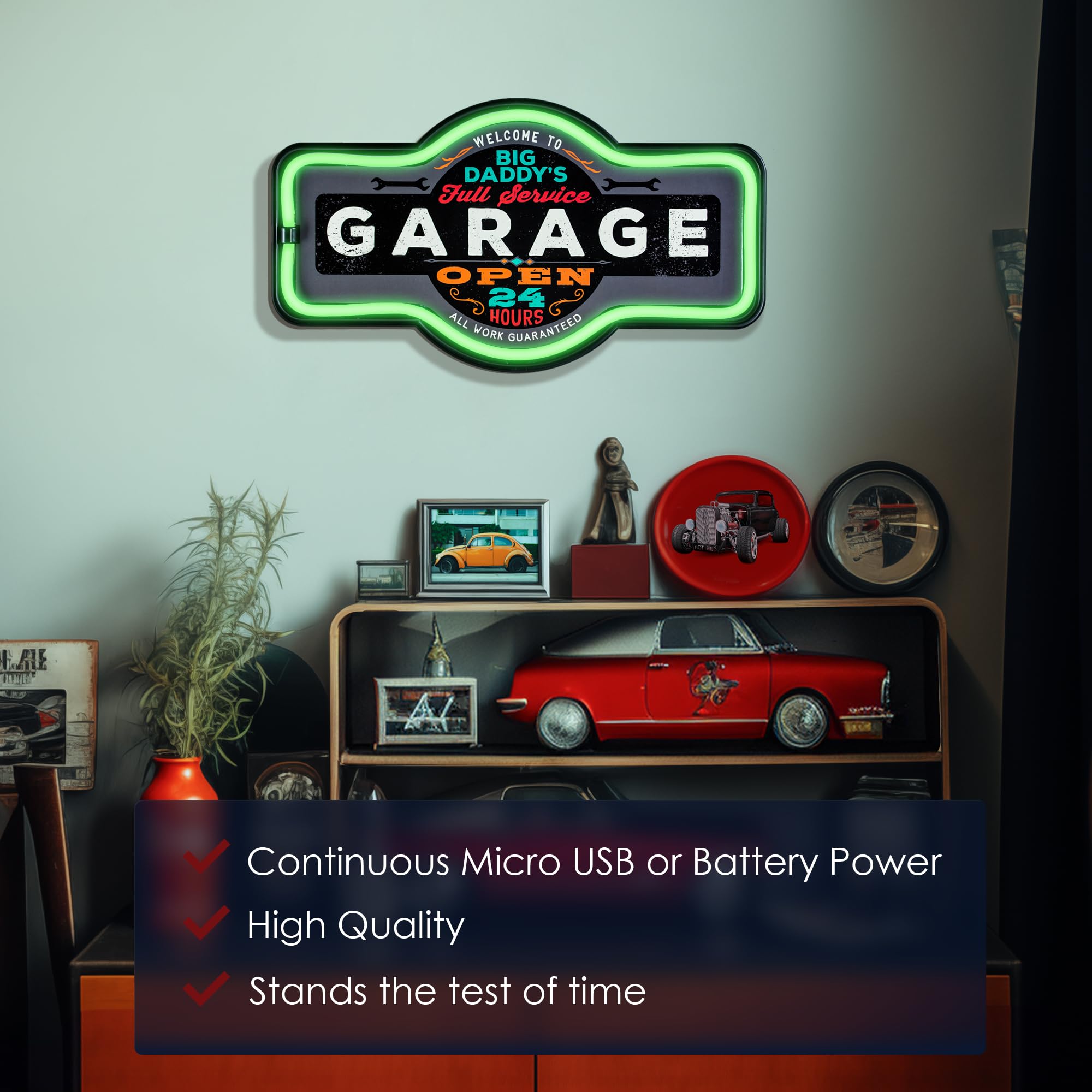SOTT Vintage Advertising Marquee Sign - LED Neon Style Light, Plastic, 17 x 10 x 3 Inches, Big Daddys Garage, Model 0IF-HD4-XQ9