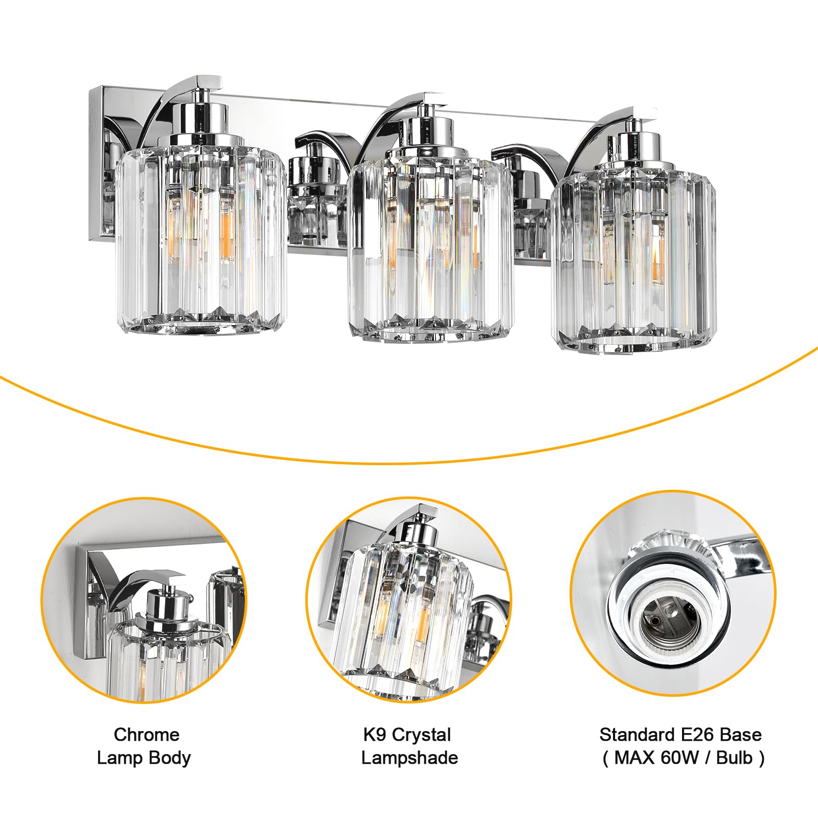 Haolaike 3 Lights Chrome Bathroom Vanity Light Fixture, Modern Metal Design, E27 Base, Over Mirror, Model 3L-CRYSTAL-BATH-VT-LIGHT