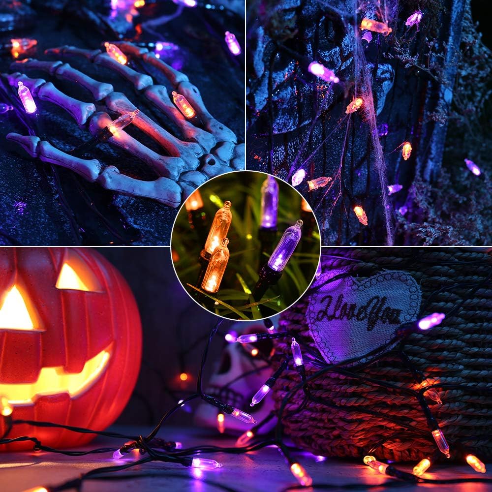 Lyhope Orange Purple Halloween Lights Indoor  2 Pack Total 66Ft 200 Led Battery Halloween Light With 8 Mode  Timer  Waterproof Battery Operated String Lights For Home Tree Wreaths Party Holiday Decor