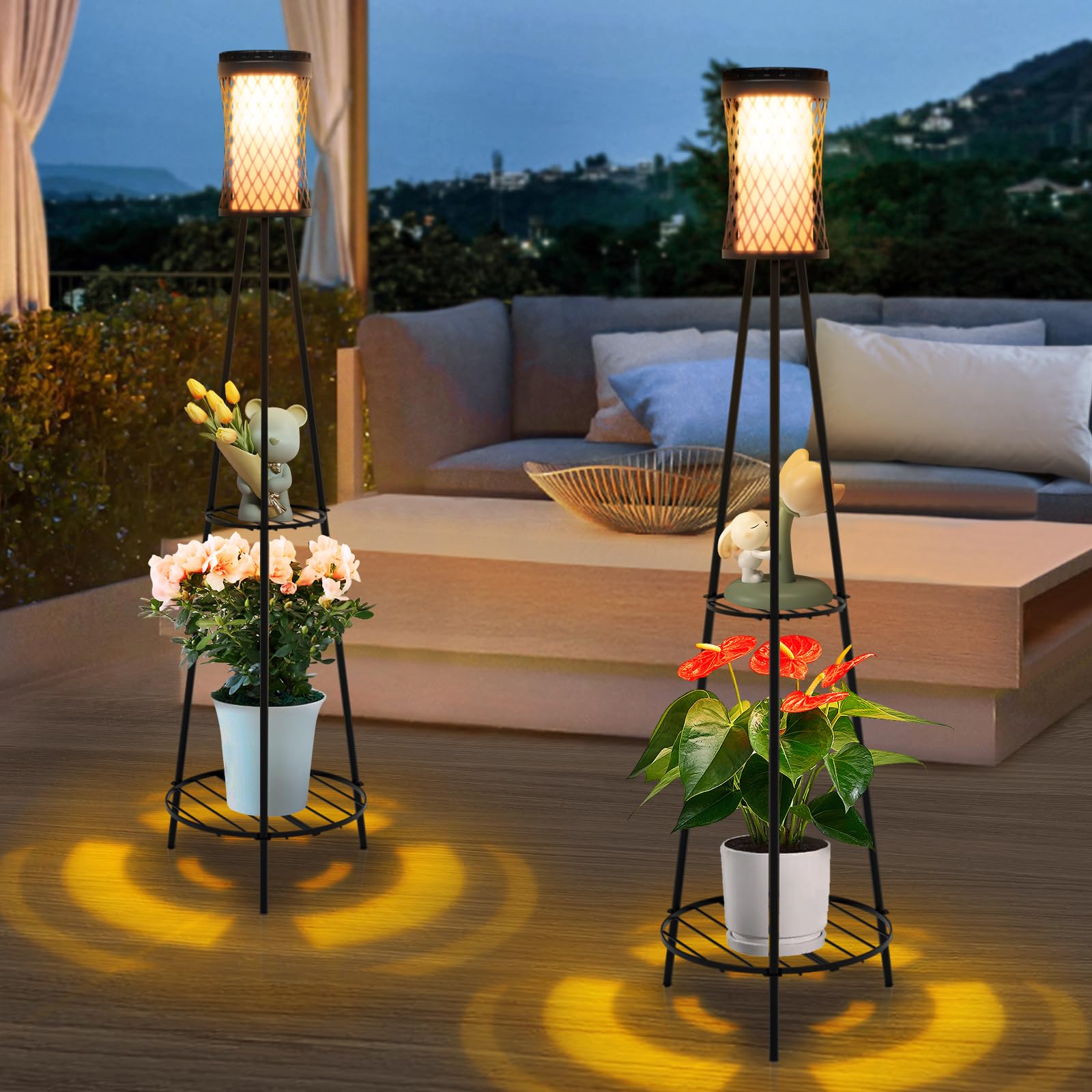 Aialun Outdoor Solar Floor Lamps with USB Charging, 45.67 Inch Tall Double Plant Stand Outside Floor Lamps, Warm & White 3 Modes