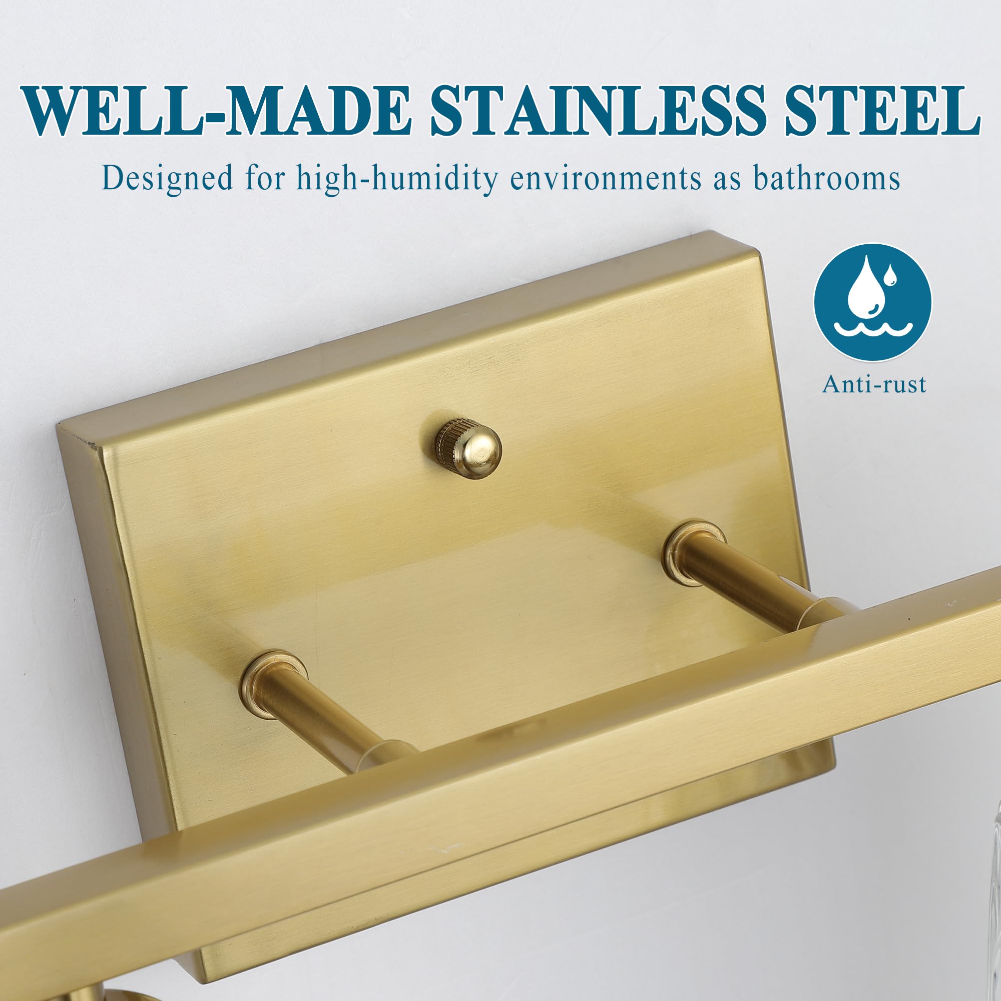 Mecgirn 2 Light Bathroom Vanity Light, Brushed Gold Stainless Steel Fixtures with Textured Glass Shades, Model B0006-2-Gold