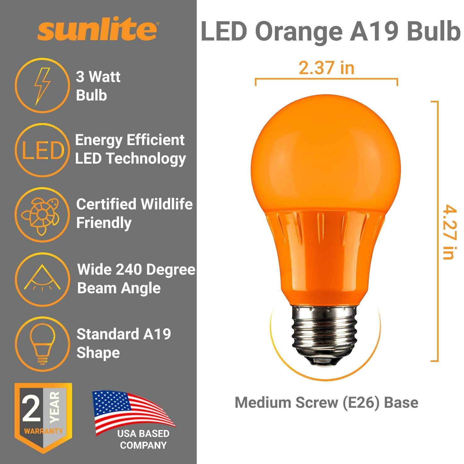 Sunlite LED A19 Colored Light Bulb, 3 Watts (25w Equivalent), E26 Medium Base, Non-Dimmable, Orange, 6 Count