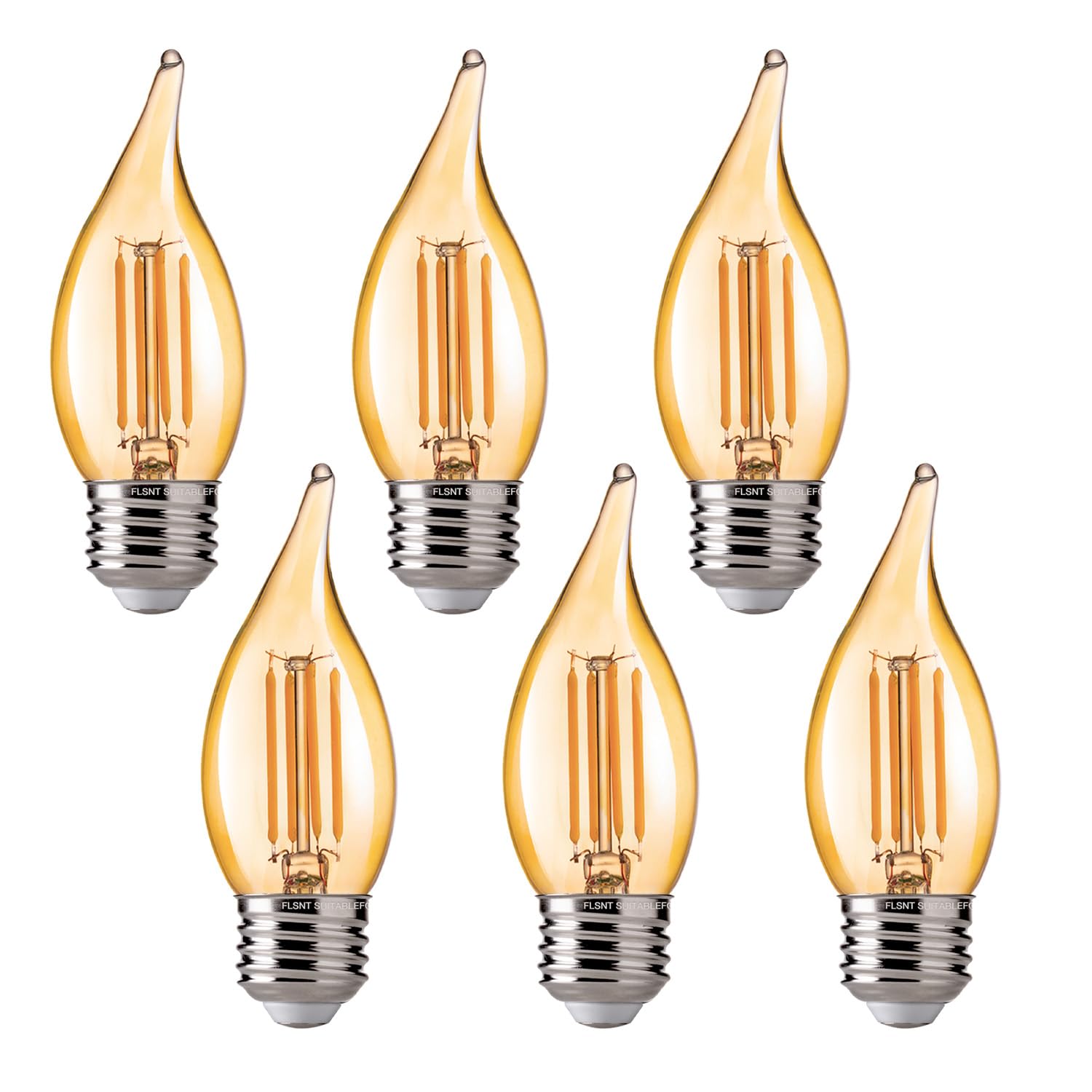 FLSNT CA11 E26 LED Candelabra Bulbs, Dimmable, 40W Equivalent, 2200K Warm White, 330LM, 6 Pack, Amber Glass