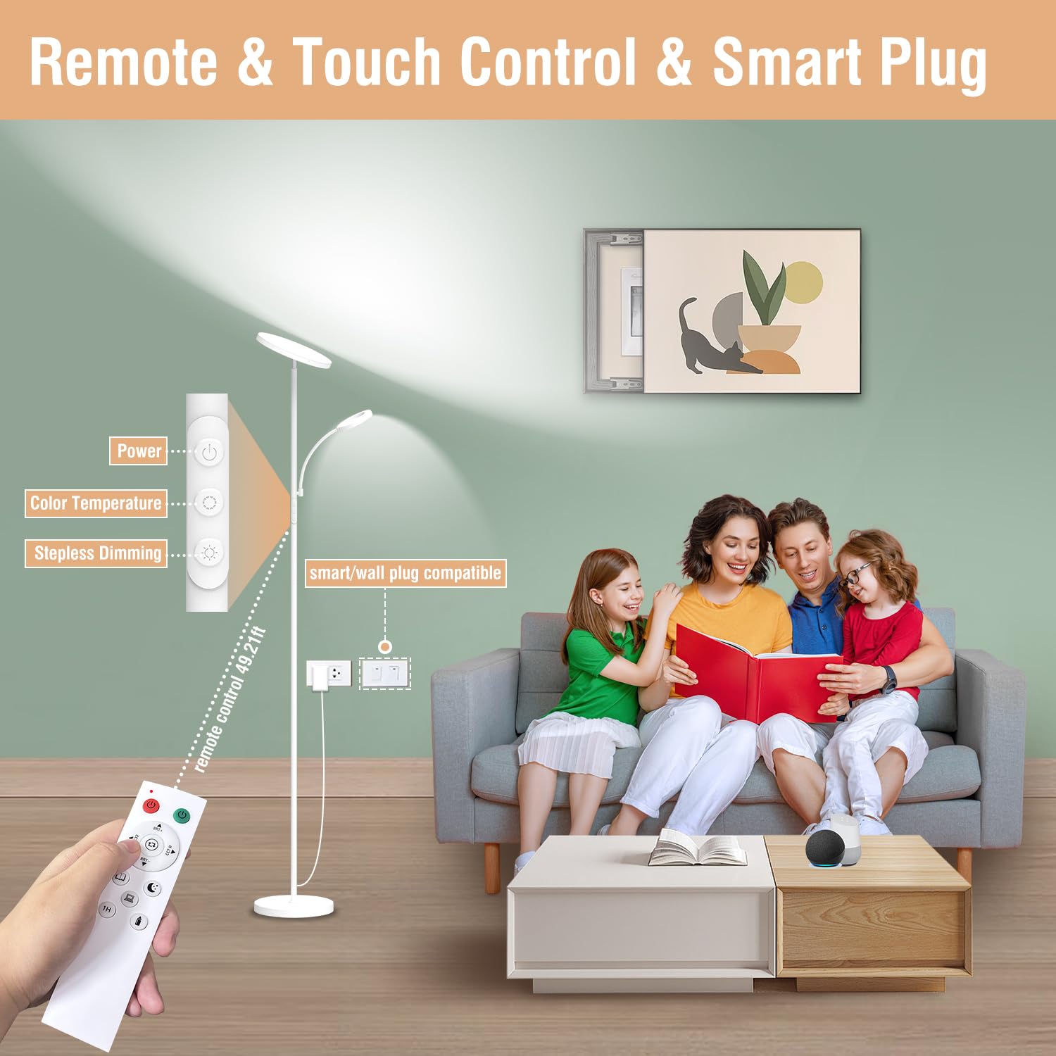 marctronic 42W White Floor Lamp - 4000LM Super Bright LED, Dimmable with Remote & Touch Control, Adjustable Reading Light for Bedroom & Office