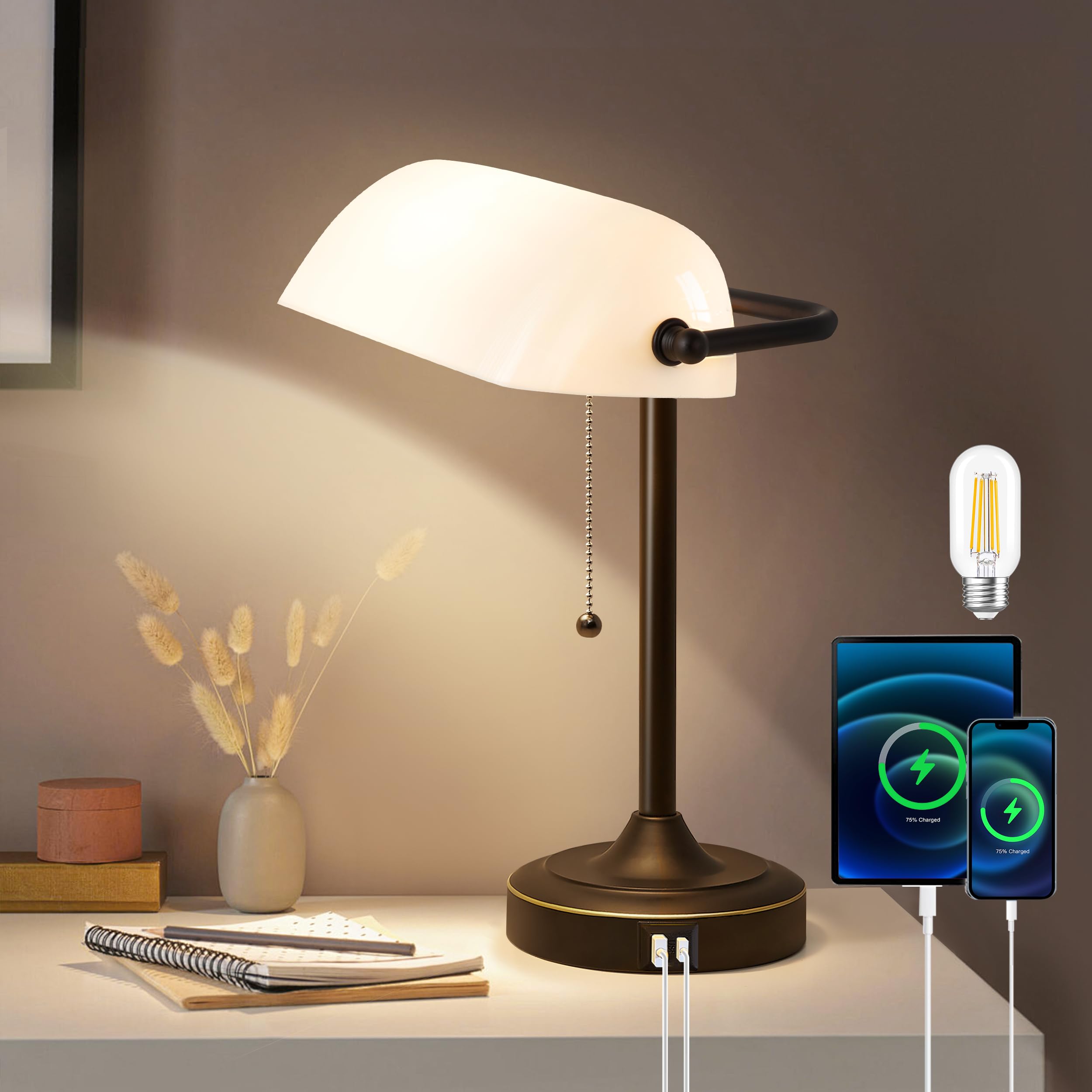 Vintage Desk Lamp Bankers Lamp - Black Retro Table Lamp with USB & Type C Charging Ports Traditional Pull Chain Switch Library L
