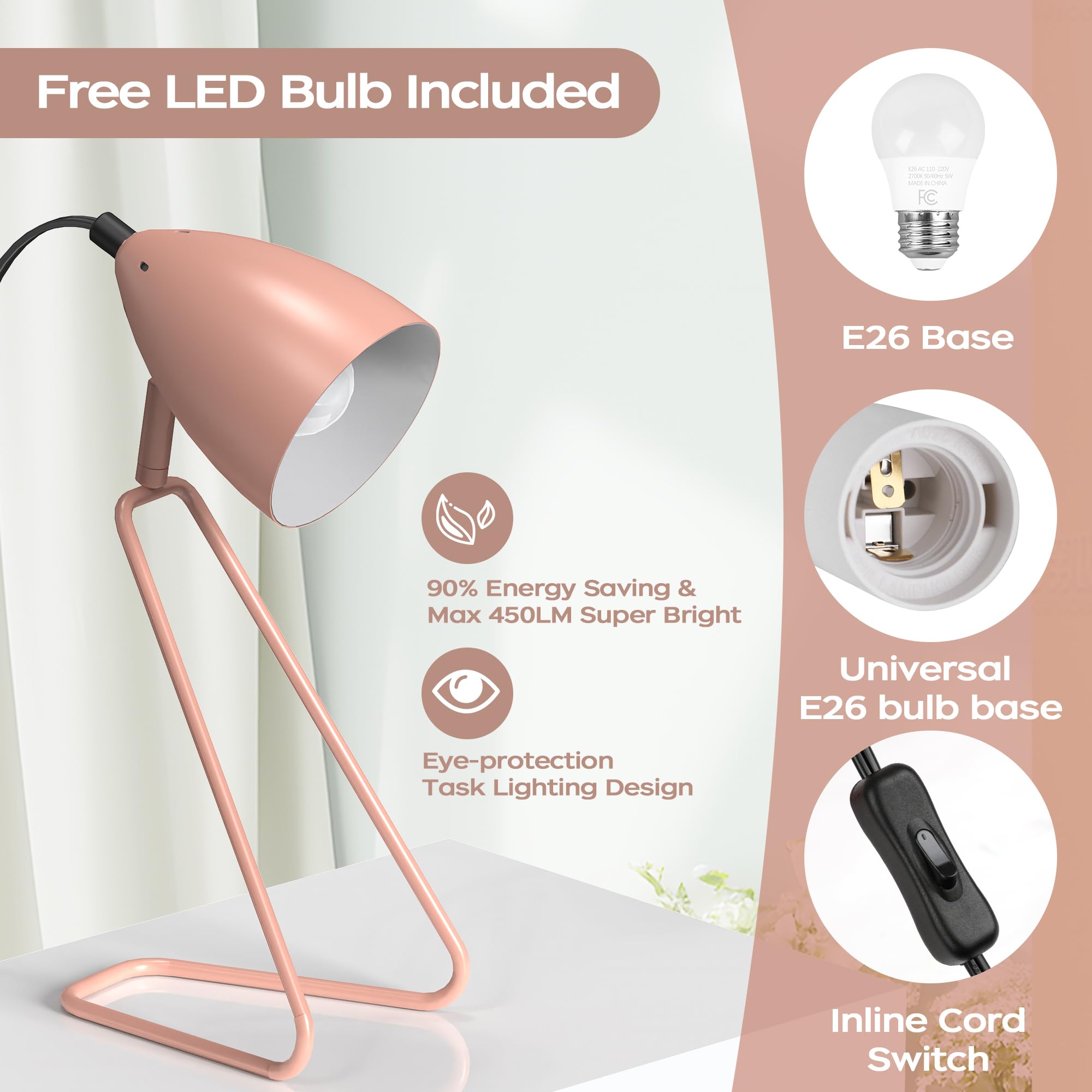 Partphoner Table Lamp Set Of 2, 350Rotatable Small Desk Lamp, Modern Pink Reading Bedside Lamps, Suitable For Study, Bedroom, Of